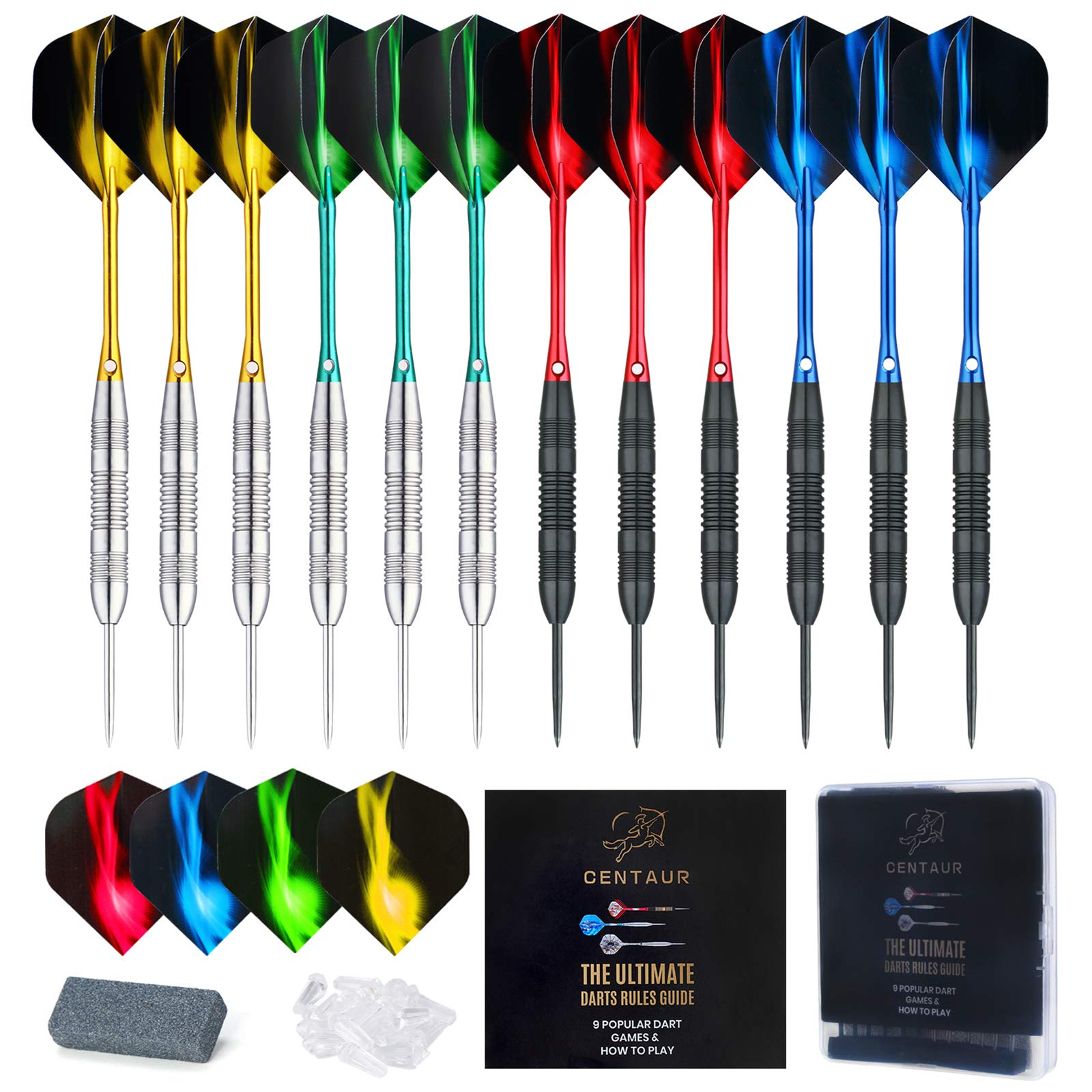 centaur 12 Pack Steel Tip Darts, Professional 22/24 Grams Metal Dart Set with 4 Color Premium Aluminum Shafts and 4 Style PET Flights and Dart Case, Beginner or Professional Darts
