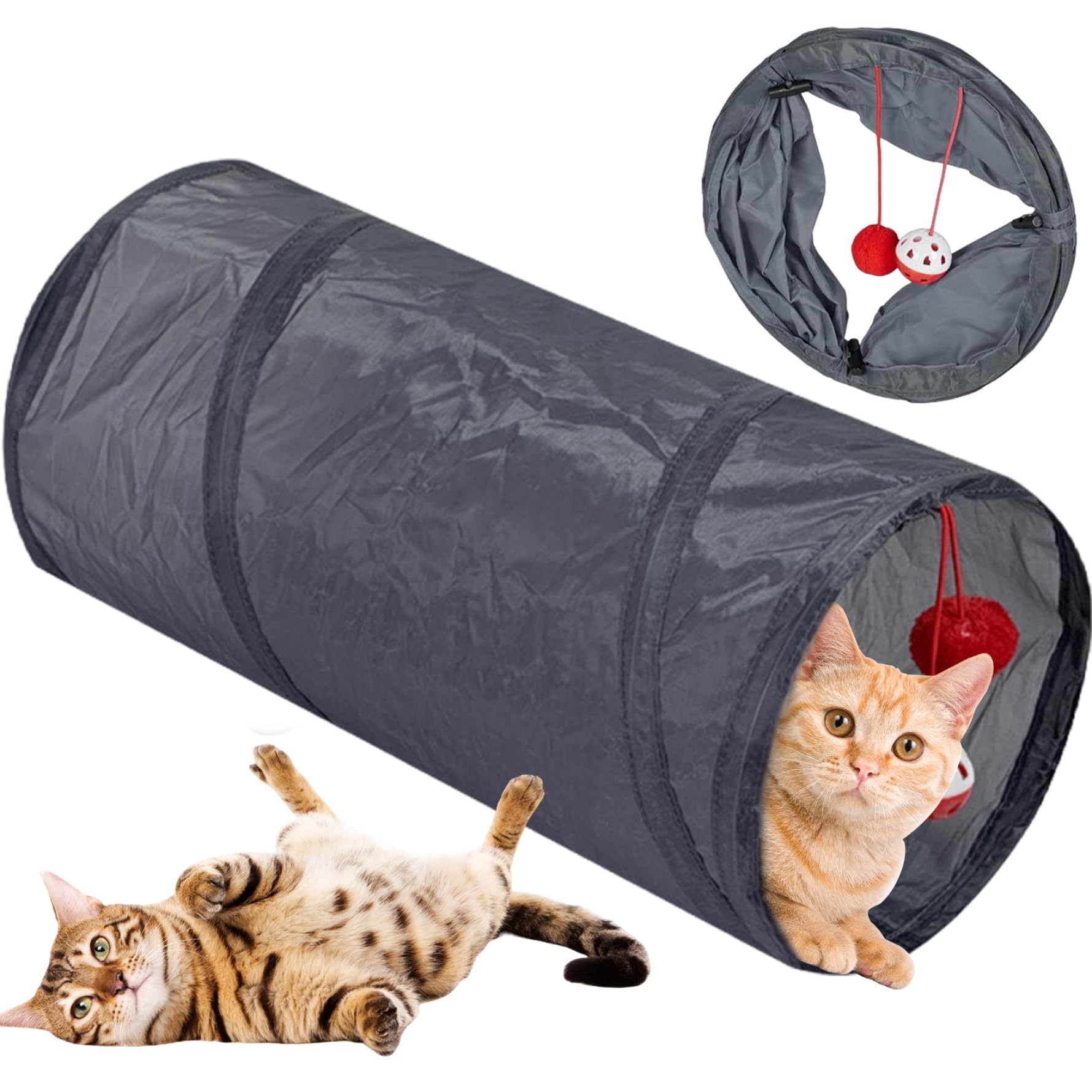 Cat Tunnel 10x20" Straight Cat Tube with 2 Hanging Ball Foldable Play Tunnel Polyester Tunnels for Indoor Cats, for Cats