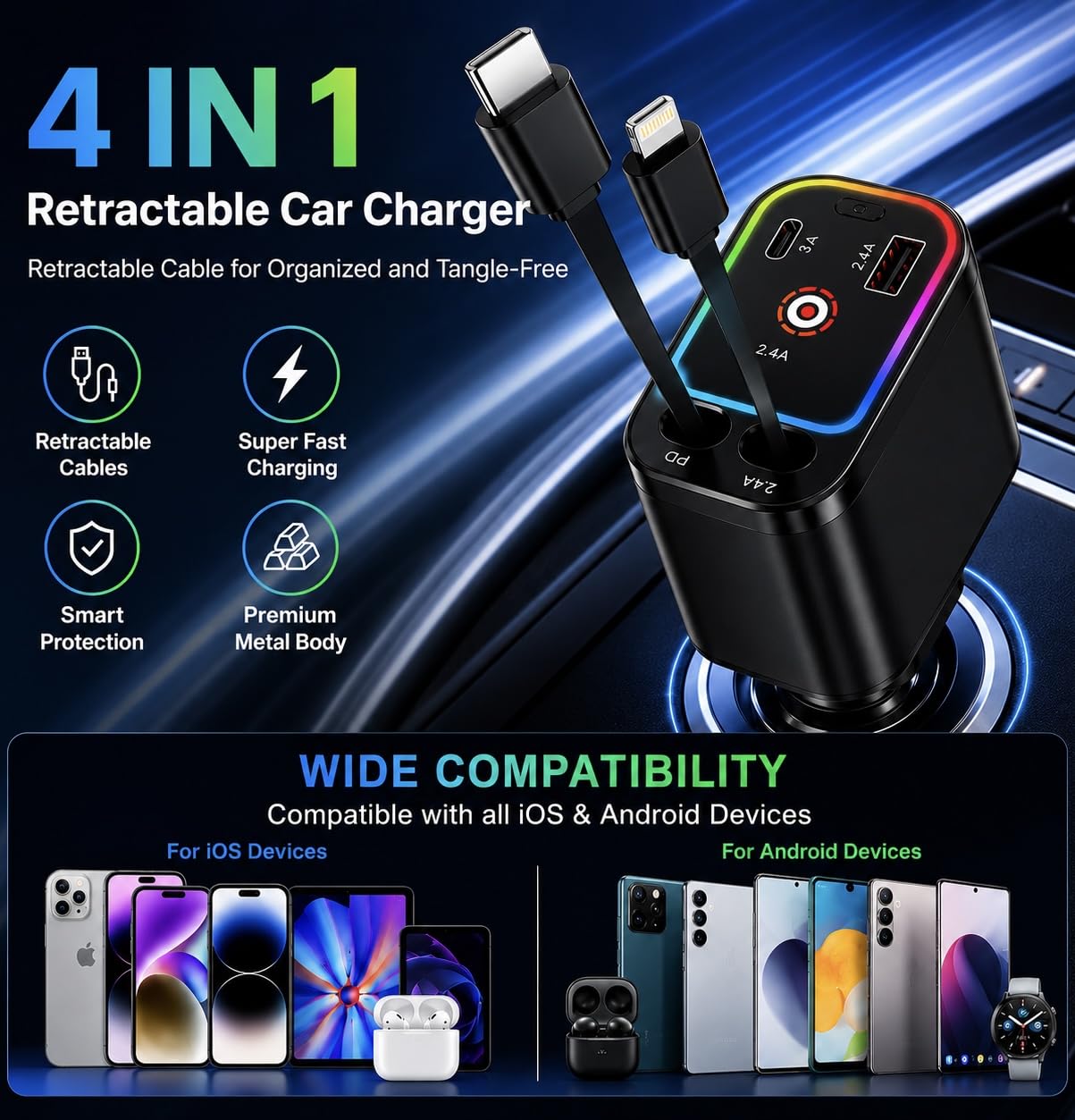 120W Retractable Fast Car Charger with DRL and Starlight (2026 Latest Version) | 4-in-1 Dual Retractable Cables with USB & Type-C Ports | Adjustable 180° Direction — Amazon image 3