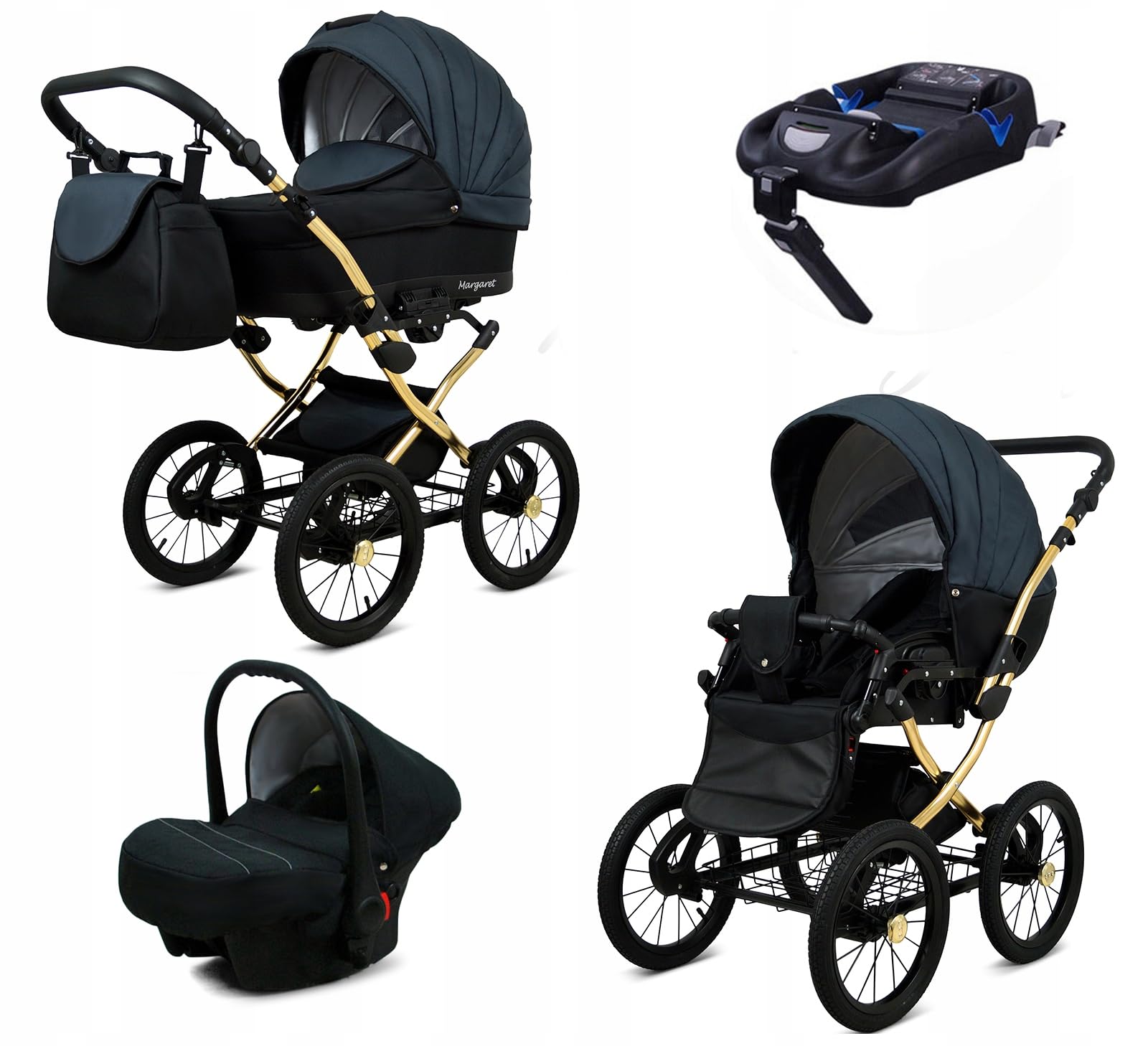 BabyLux Zestaw wózków dziecięcych 4 w 1 – Margaret Gold – w zestawie wanienka dla niemowląt, fotelik sportowy, fotelik samochodowy, stacja bazowa ISOFIX – fotelik samochodowy – zestaw wózków