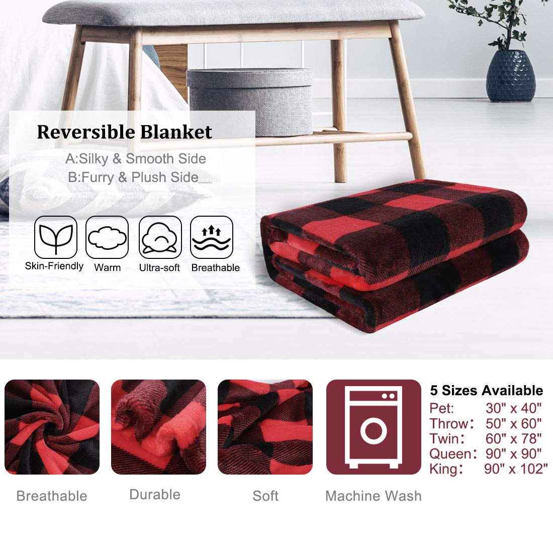 PiccoCasa Karierte Decke Wolldecke Große Decke Tagesdecke Fleecedecke Warme & weiche Wohn- & Kuscheldecke als Sofadecke/Couchdecke Sofaüberwurf Rot&Schwarz 150x200cm