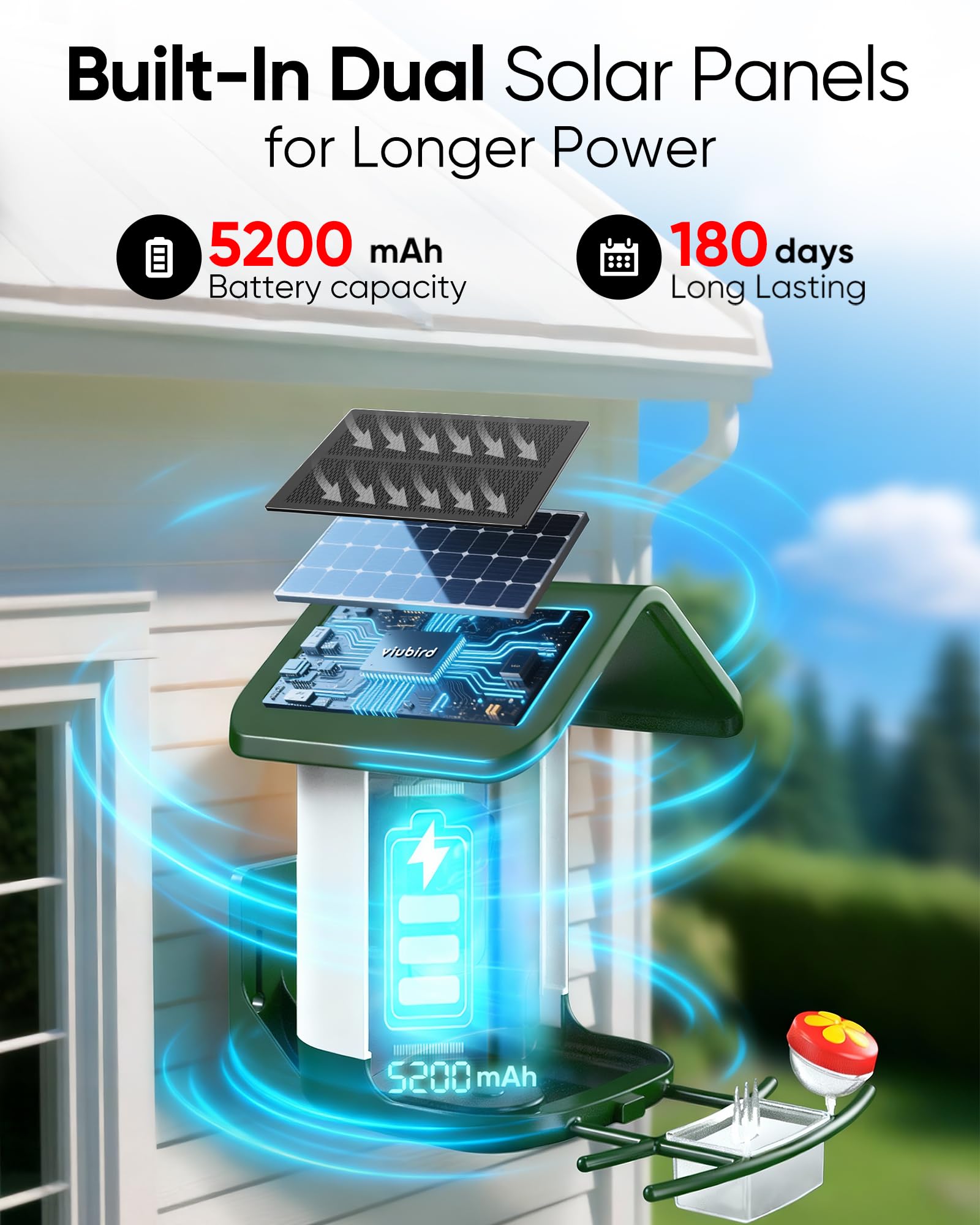 Comedero para pájaros con cámara: alimentador de cámara inteligente para pájaros alimentado por energía solar, alimentación en vivo 2K para patio trasero, identificación de inteligencia