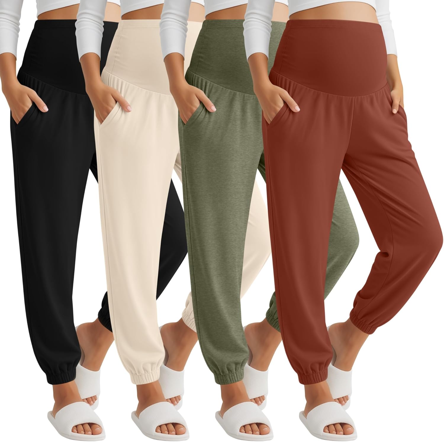4 Pack Women's Maternity Pants Joggers Over The Belly Pregnancy Casual Comfy Lounge Sweatpants with Pockets