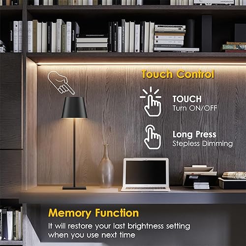 Vista 4 de 2-Pack LED Cordless Table Lamp, Rechargeable Battery Desk lamp 3W 5500mAh Battery Operated Stepless Dimming Modern Portable Table Light for