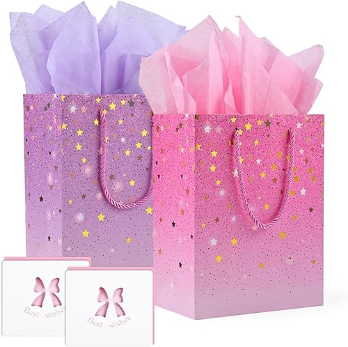 JMANNI Bolsas de regalo medianas, 2 bolsas de regalo de papel con papel de seda y tarjetas, bolsas de regalo con asas para mujeres y niñas, dama de