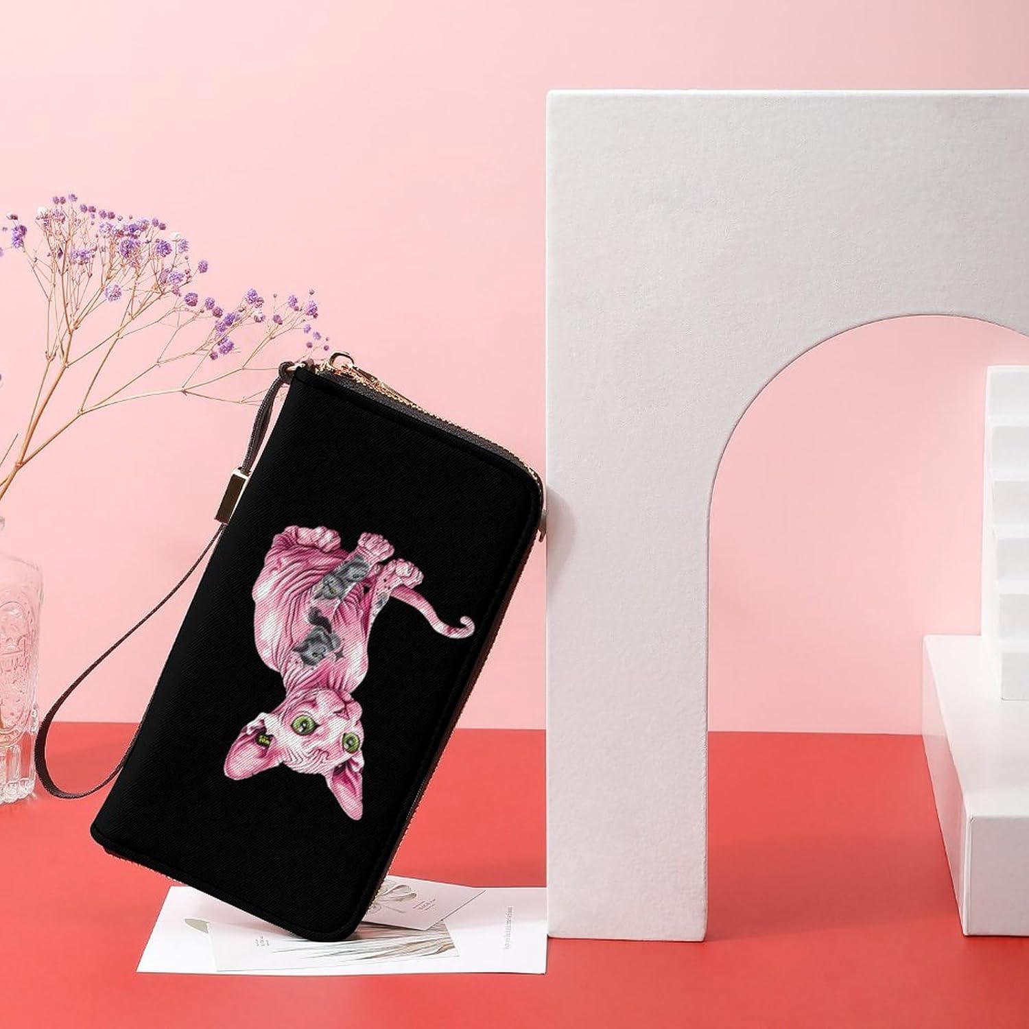 Tattooed-Sphynx-Cat-Hairless Clutch Wallet for Women Men Leather Multi Credit Card Travel Purse Wristlet