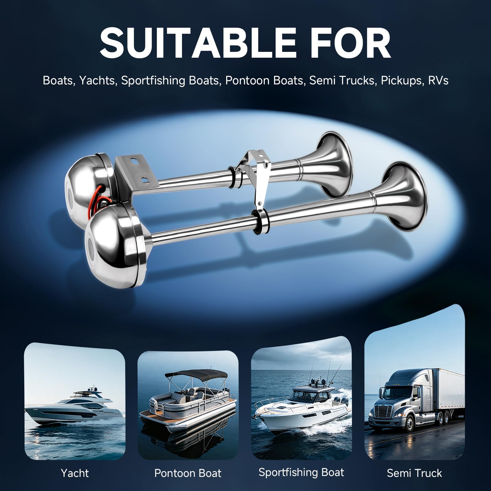 Akozon Klaxon De Bateau étanche – 12V, Acier Inoxydable 304, Tonalité Basse/haute, Pour Bateaux, Camping-cars, Camions