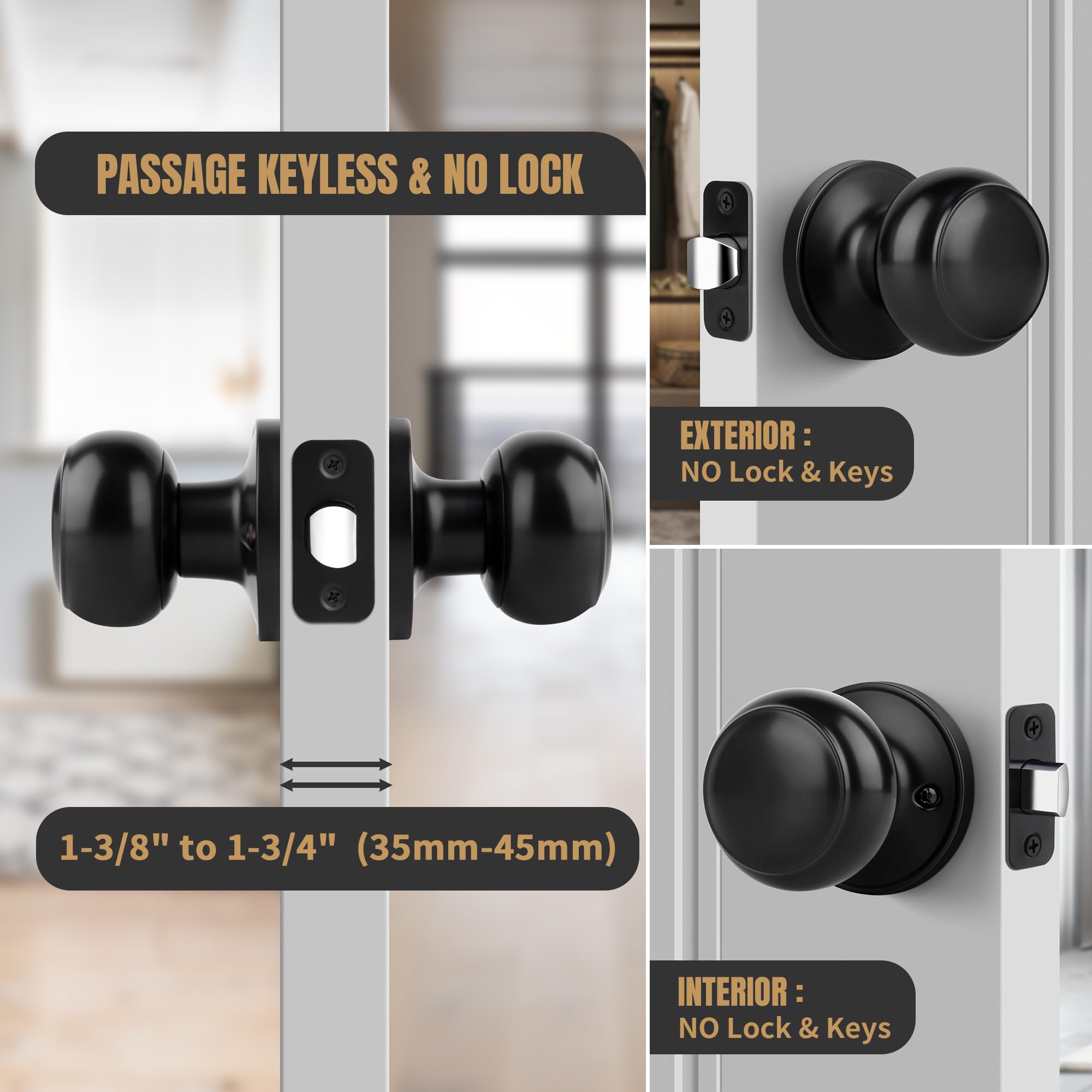 Matte Black Passage Door Knob - No Key Required -3