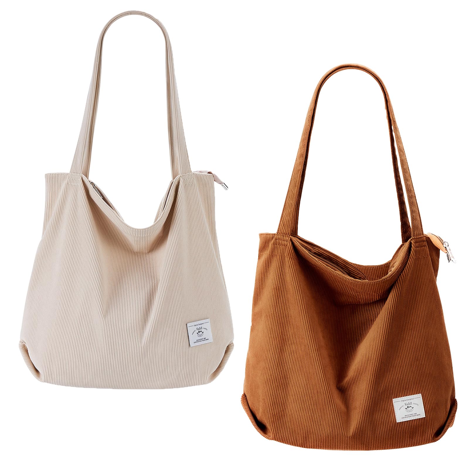 KALIDI Women Corduroy Tote Bag Zipper Casual Tote's Handbag Big Capacity Shoulder Bag with Pockets White+black