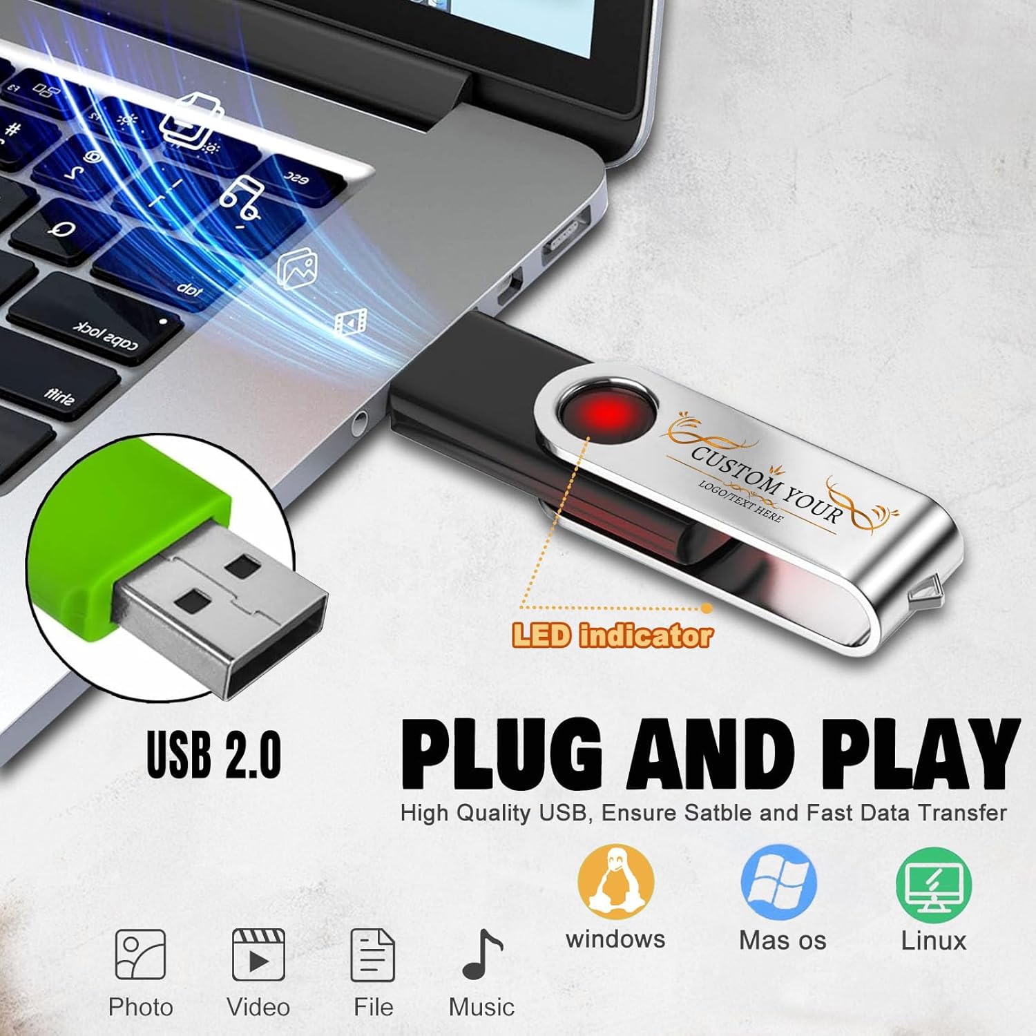 Custom USB Flash Drive with Logo Personalized USB Thumb Drive 64GB Customized Memory Stick 10 Pack for Business Gifts