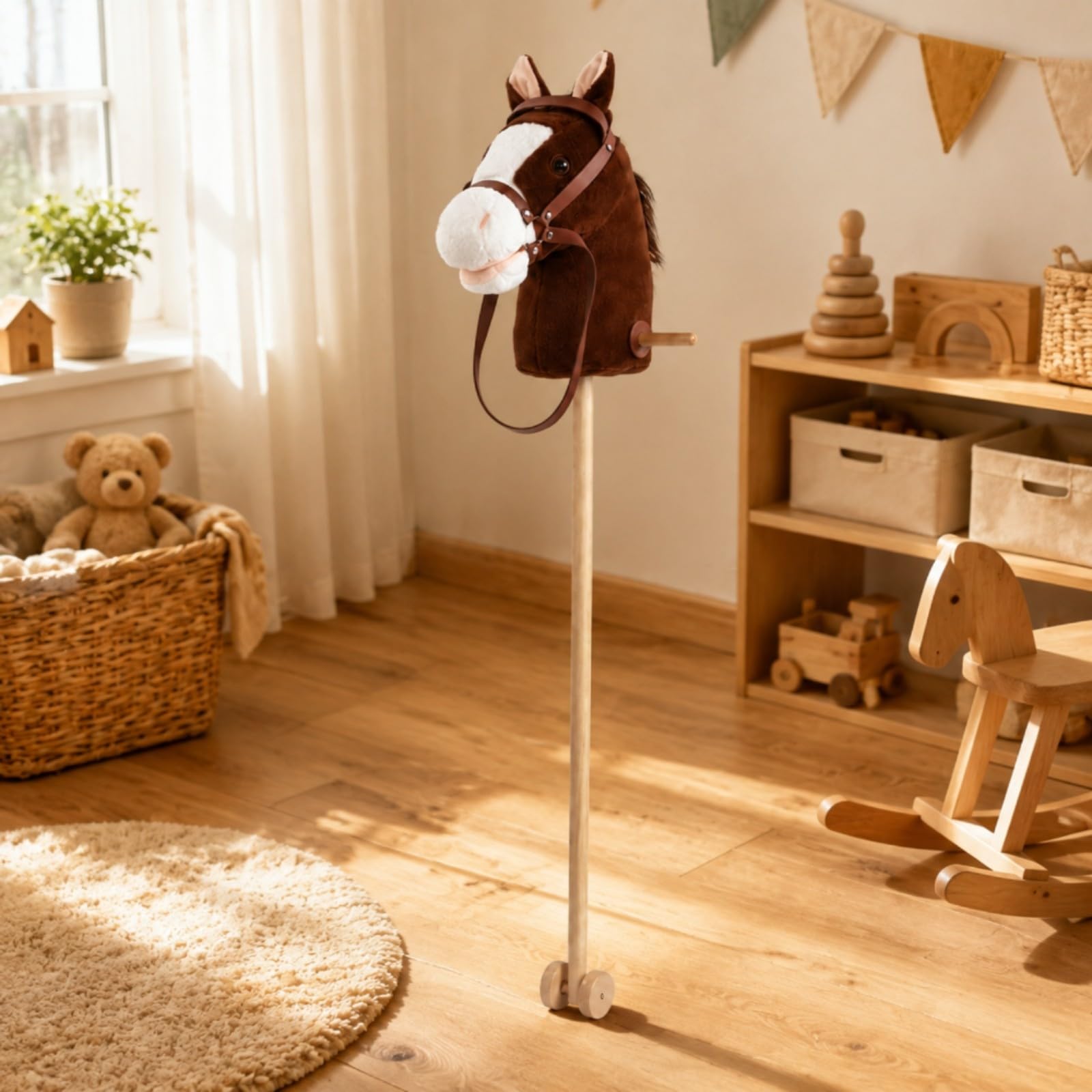 Almencla Bastone con Cavezza e Redini Leggero di Peluche con Bastone e Ruote Educativo Cavalluccio a per Bambini, Travestimenti,