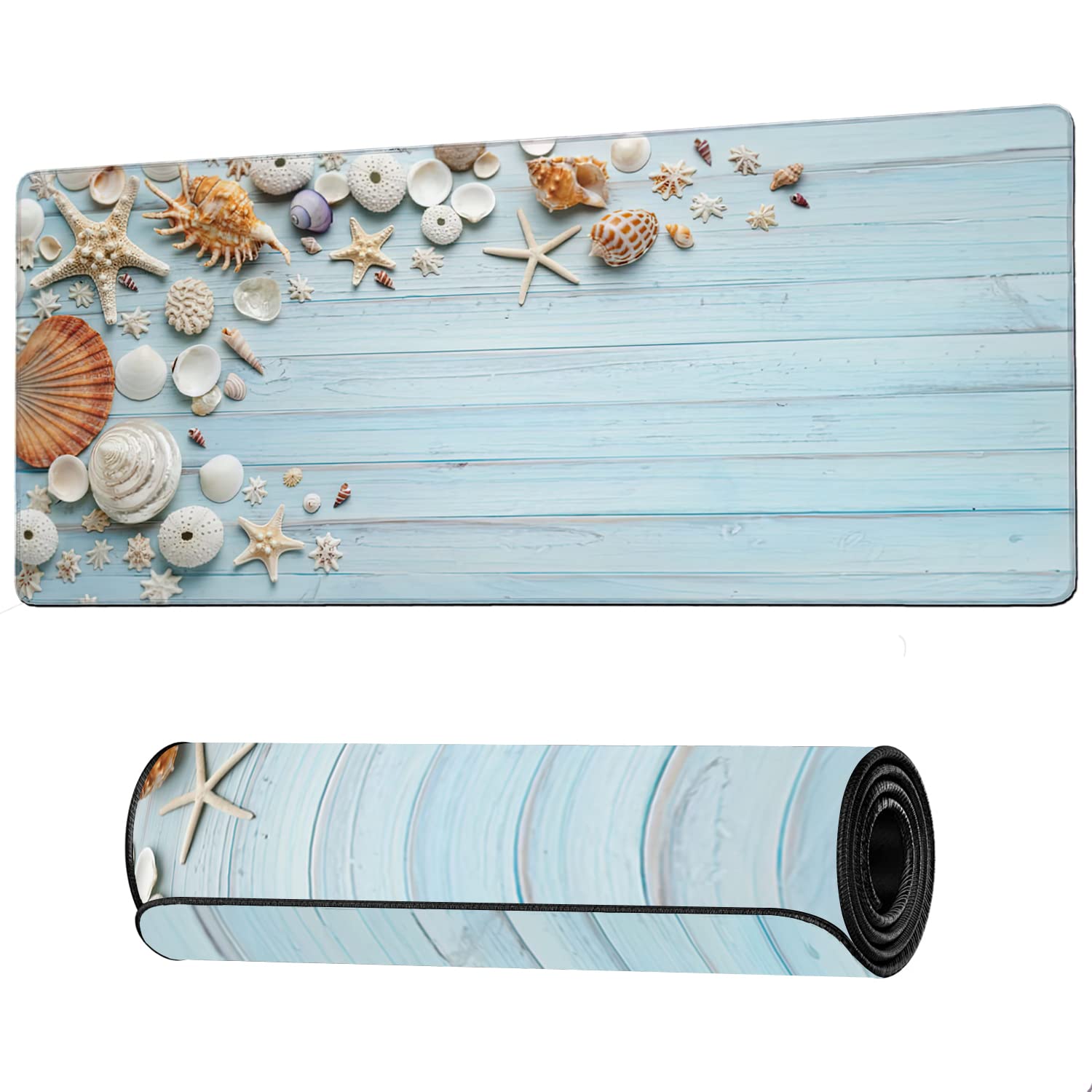 Shells on Blue Wood Large Mouse Pad Extended Gaming Mouse Pad Waterproof Desk Mat with Stitched Edge,Non Slip Base Keyboard Mouse pad for Home Office