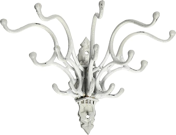 Creative Co-Op Antique Decorative Cast Iron Multi Hook Wall Hanger with 15 Hooks, Distressed White
