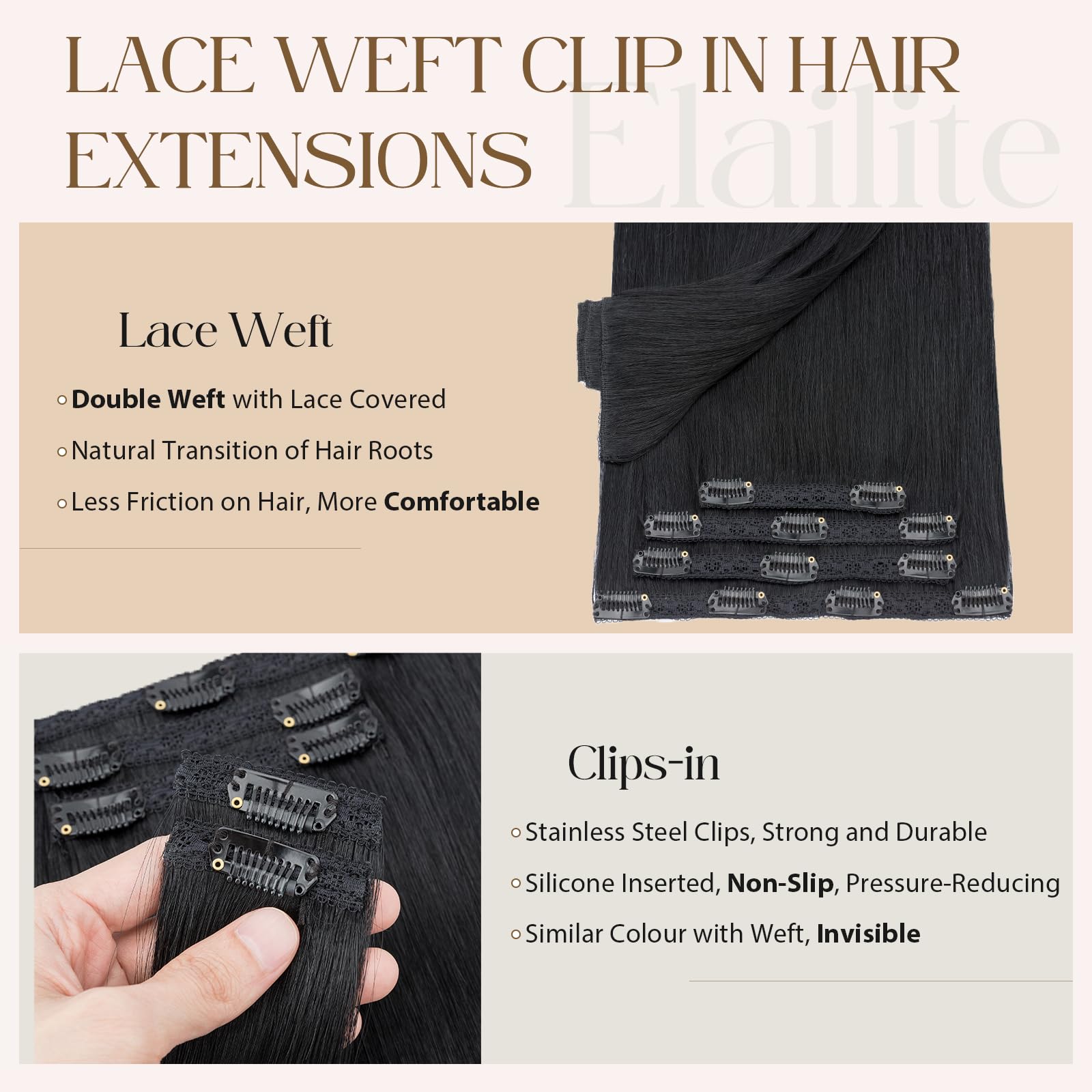 Elailite Hair Extensions Real Human Hair Double Weft Clip In Virgin Remy Lace Weft 7 Pcs Full Head Straight, #01 Jet Black - Image 2