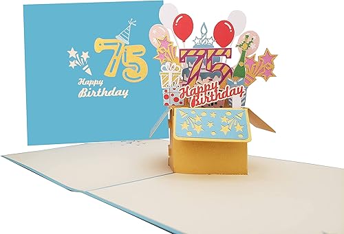 iGifts And Cards Tarjeta de felicitación desplegable 3D con caja de fiesta de cumpleaños número 75 color azul – Setenta y cinco, impresionante,