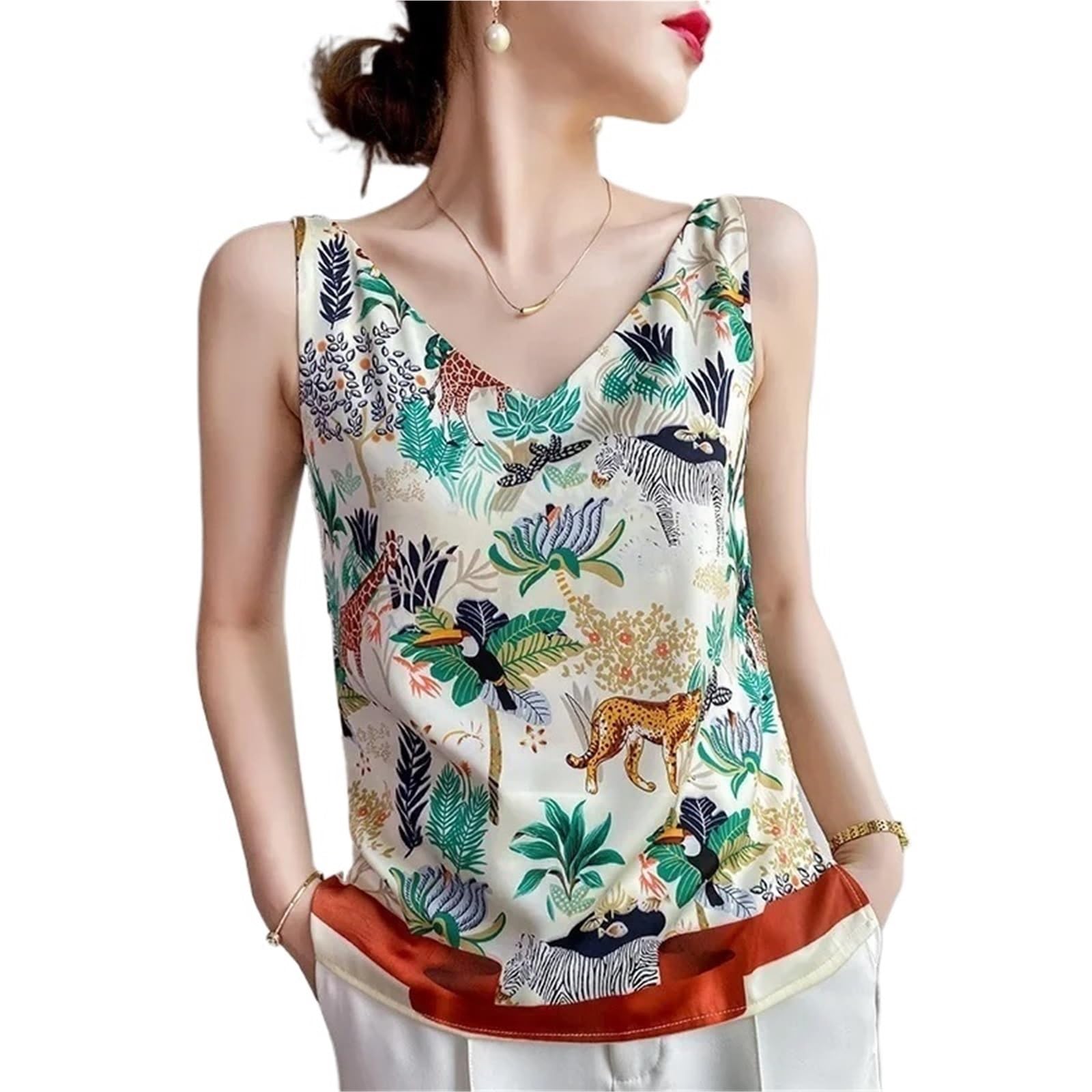 Camisola Estampada con Cuello en V, Camiseta sin Mangas de satén, Camisola Floral pequeña, Top Verano for Mujer 1 Uds para Fiestas Y Vacaciones