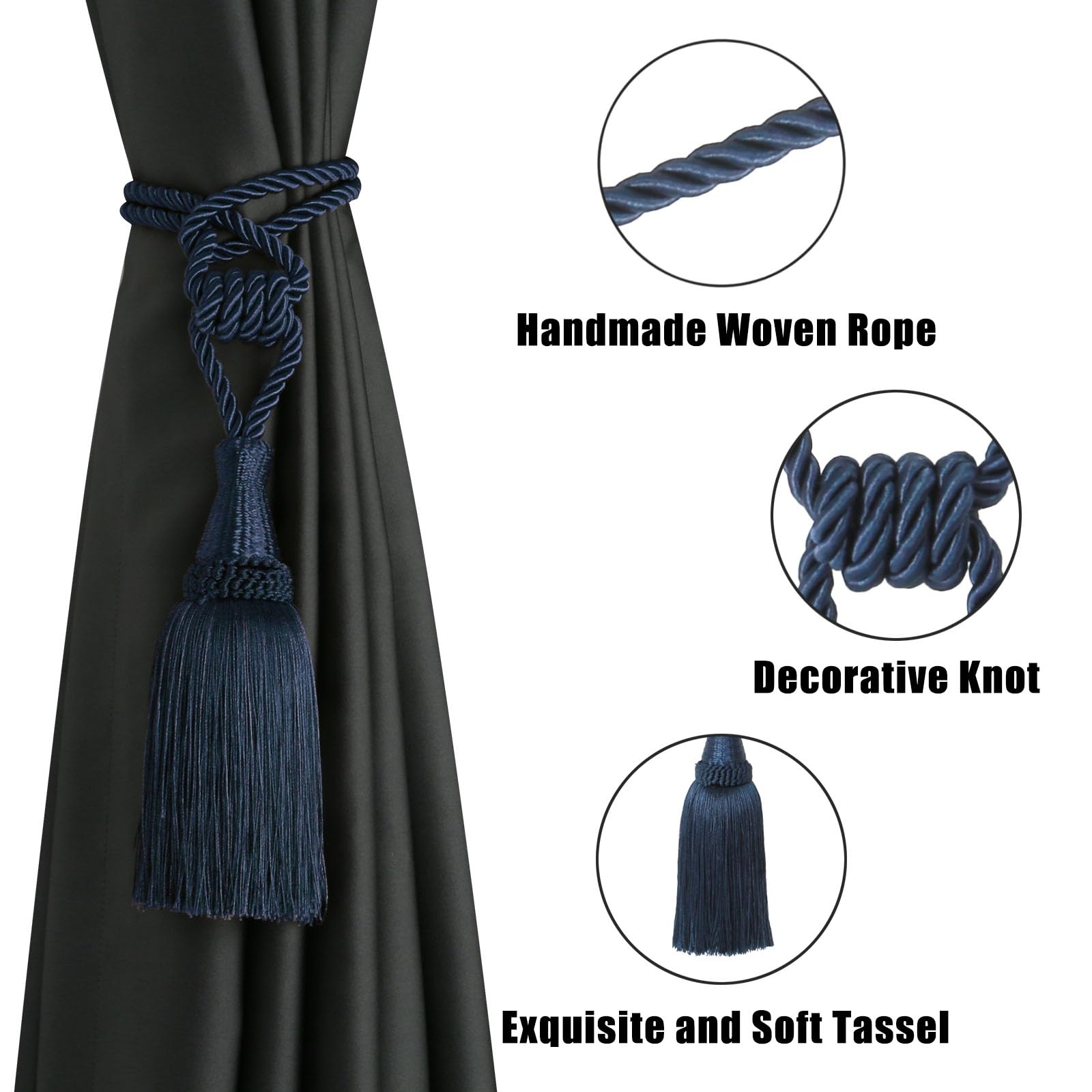 Podkładki pod zasłony Ręcznie tkane uchwyty do zasłon, ozdobne wiązania z frędzlami(Navy,4 Pack)