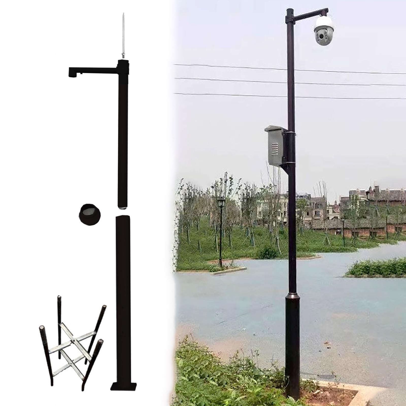 Support Caméra de Sécurite Poteau de caméra de Surveillance combiné segmenté pour l'extérieur, lampadaire Solaire en Acier galvanisé Robuste Noir avec Cages au Sol(4.5 m/14.8 ft)
