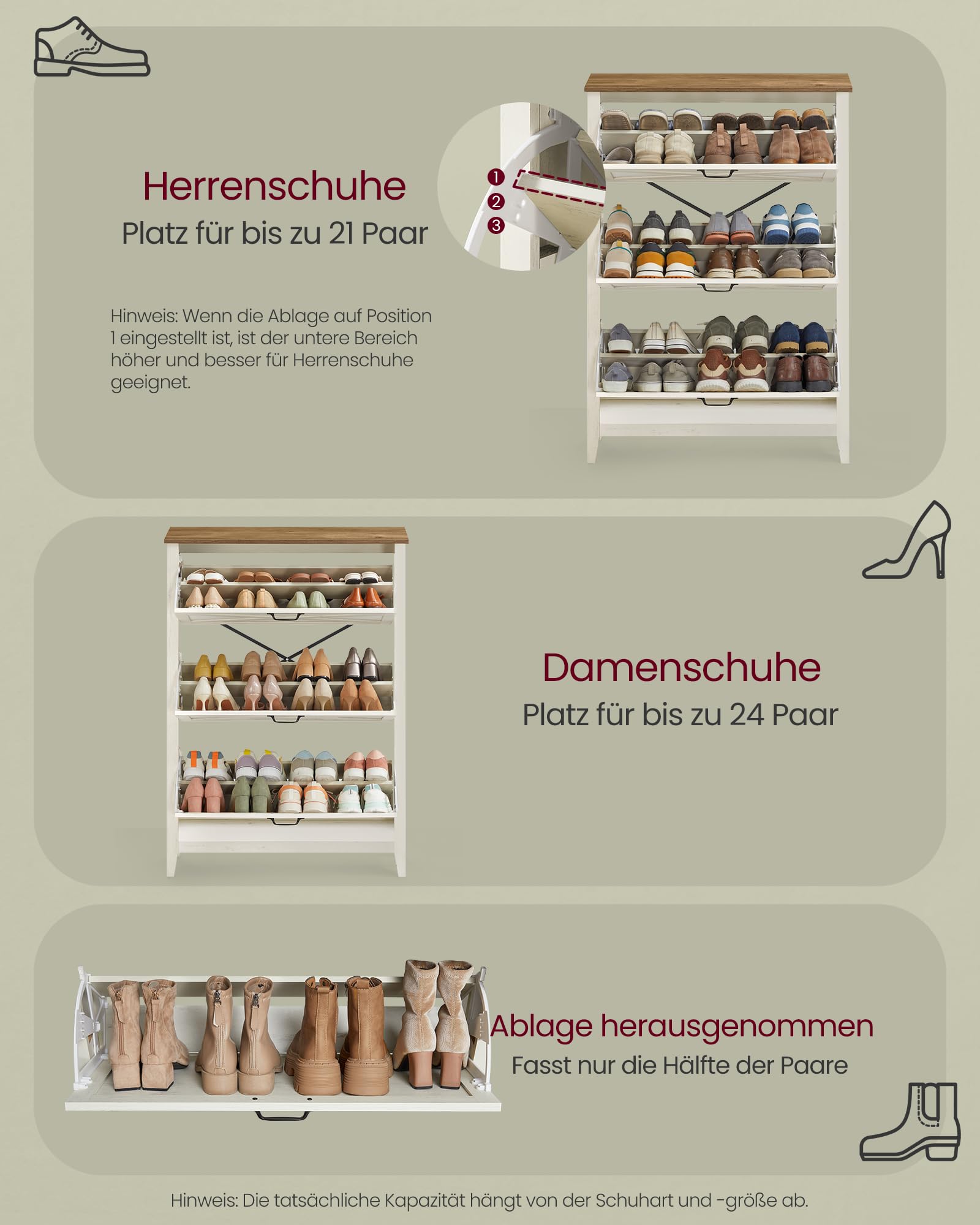 VASAGLE LIRY Kollektion - Schuhschrank 3 Klappen, Schuhkipper, freistehendes schmales Schuhregal, für Eingangsbereich, Landhausstil, für 18-24 Paar Schuhe, vintageweiß HSC301W02