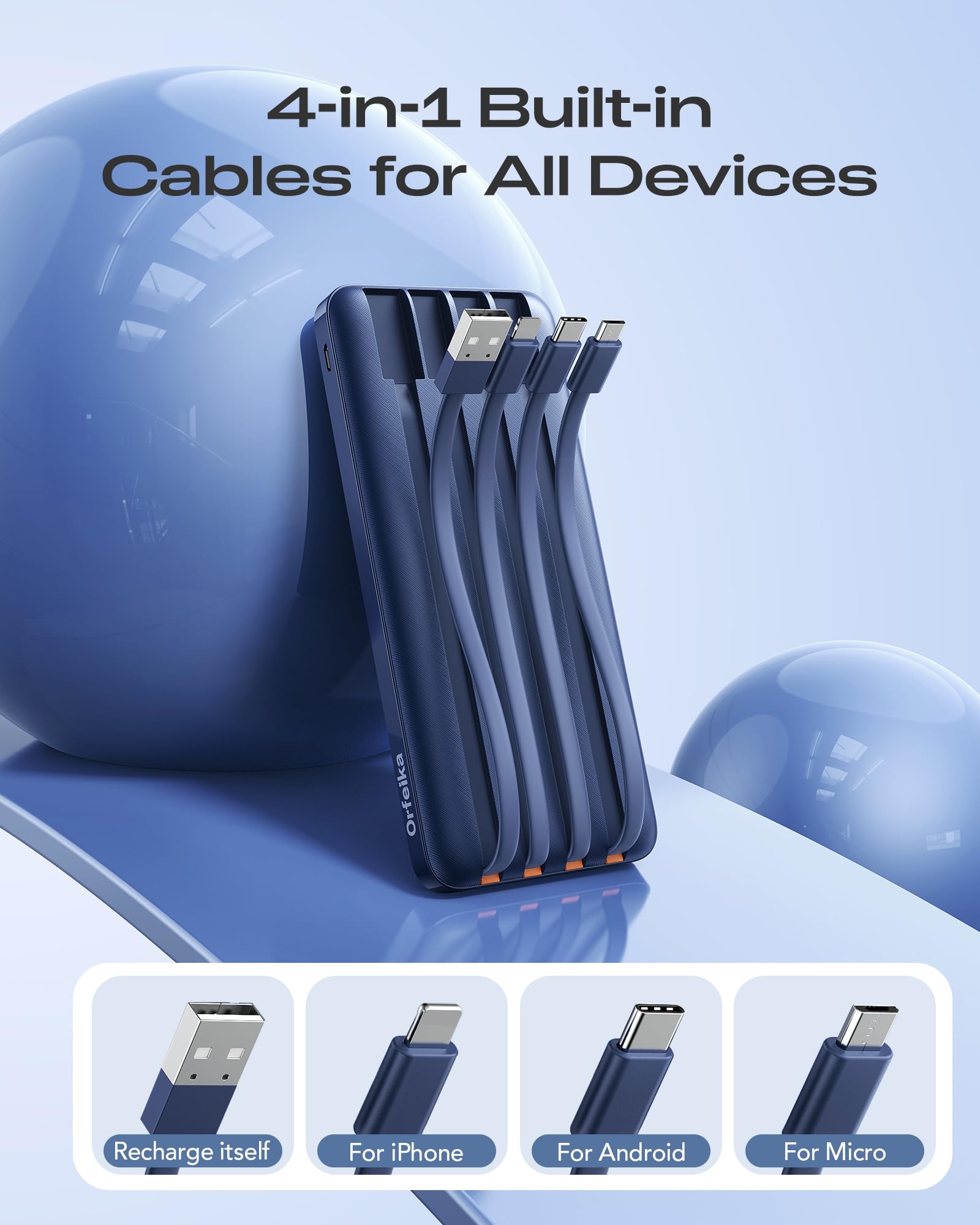 Orfeika Batería externa de 20000 mAh, carga rápida, cargador portátil con 4 cables integrados y 6 salidas, batería PD USB C de 20 W compatible con iPhone 16/15, Galaxy, Android, iPad y más (esencial