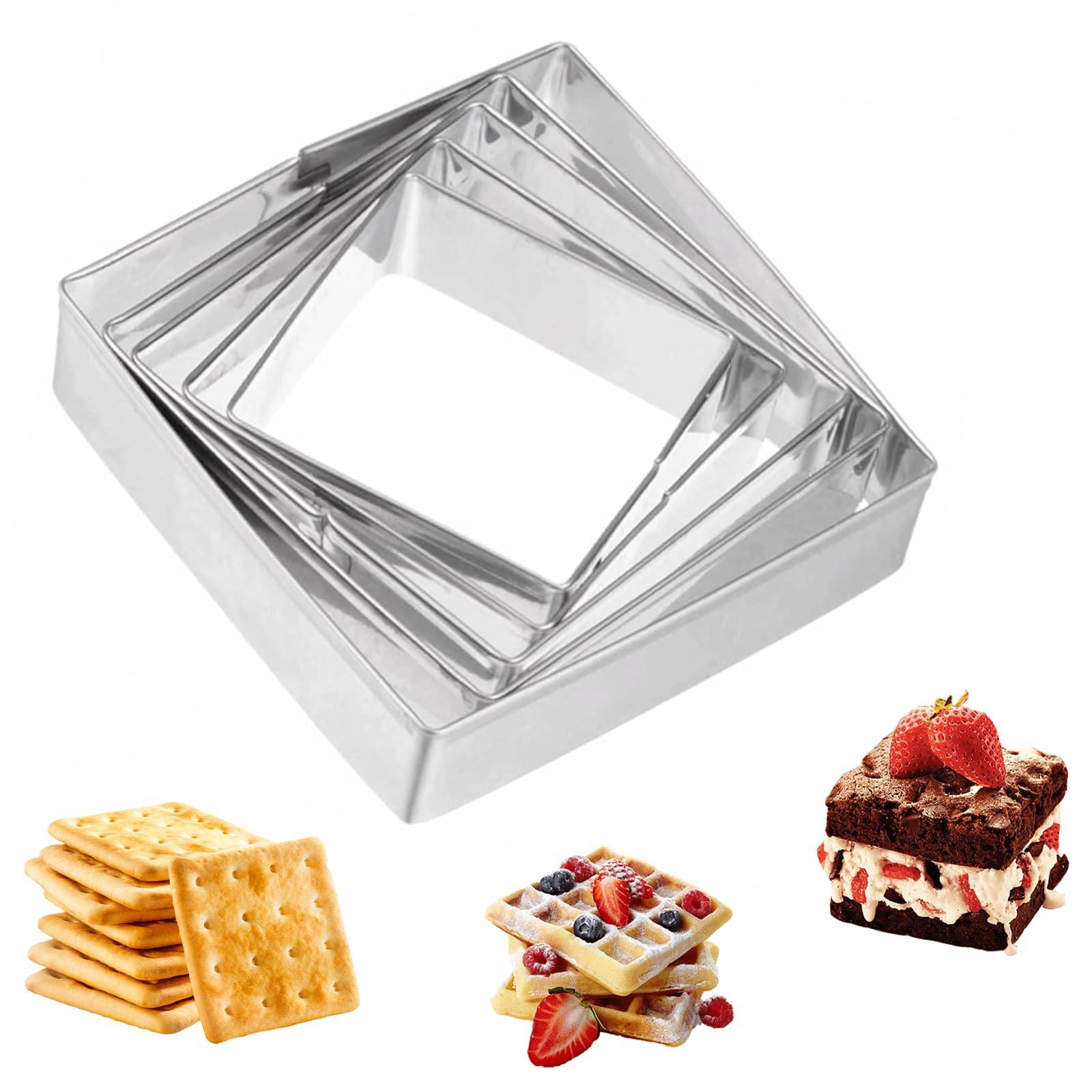 Square Cookie Cutter Set 5 PCS Stainless Steel Biscuit Cutters, Nested Baking Molds with 5 Sizes for Cookies Pastry Fondant Sandwich Dough, Metal Baking Cutter for Kitchen DIY Baking