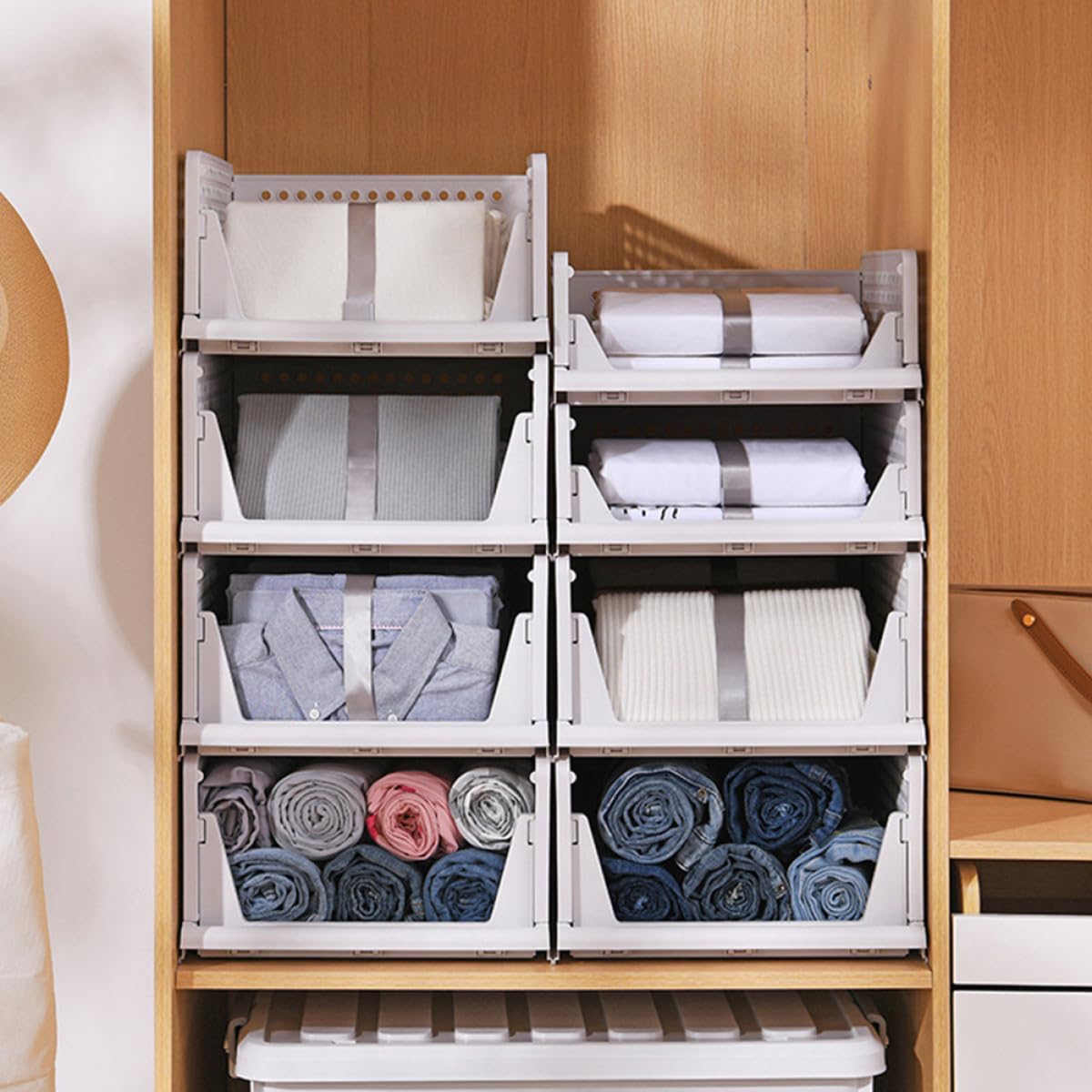 Kichvoe Organizzatore Armadio 2 Pezzi Cassetti Impilabili in Plastica 43x18x32,3 Cm Scomparti e Ventilazione per Guardaroba e Camera da Letto