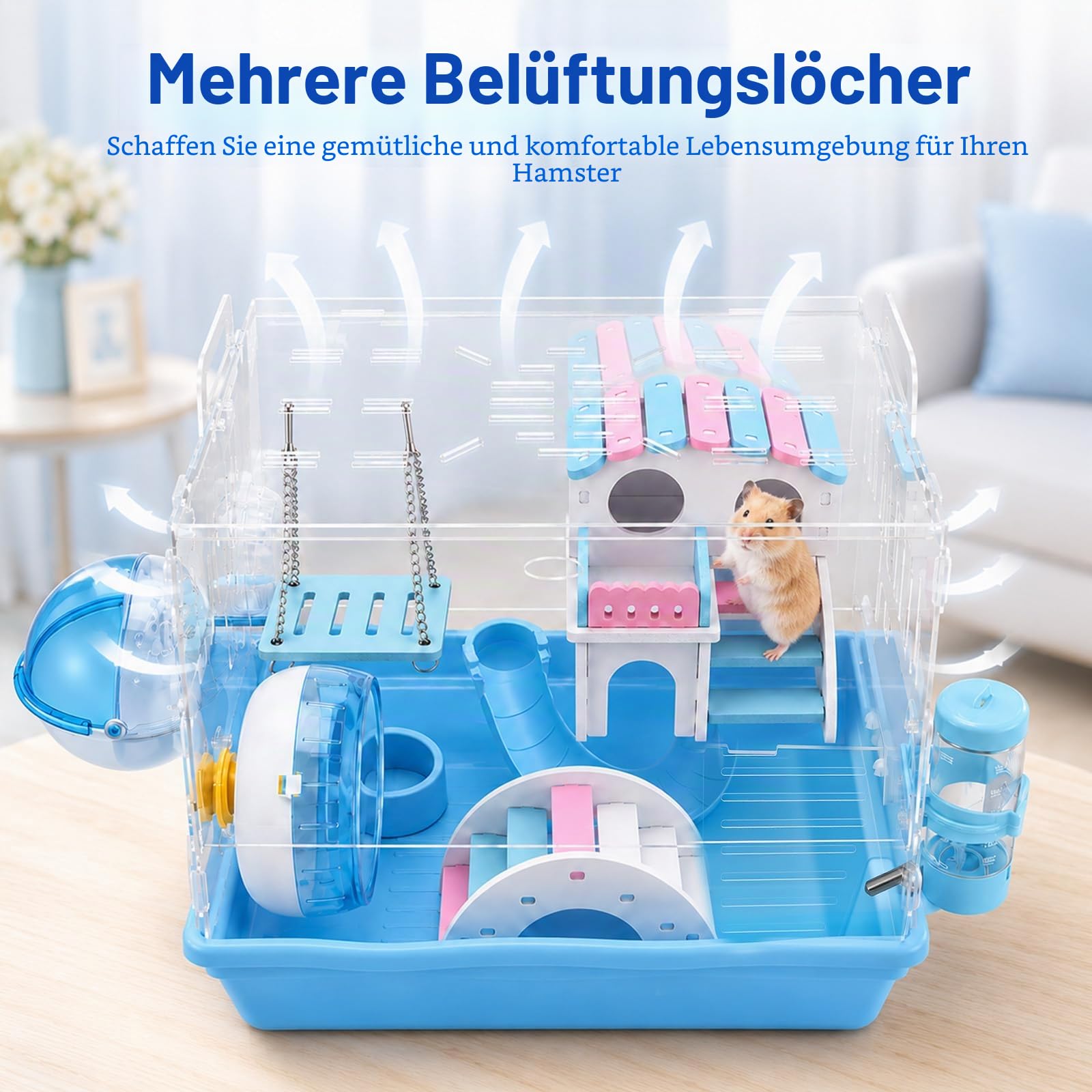 Acryl Kleintierkäfig 2 Etagen, Transparentes Hamsterhaus mit Komplettzubehör, Modernes Hamsterheim mit breiter Tür & Klarsicht Design, 37x33x28cm für Hamster, Mäuse & Gerbile