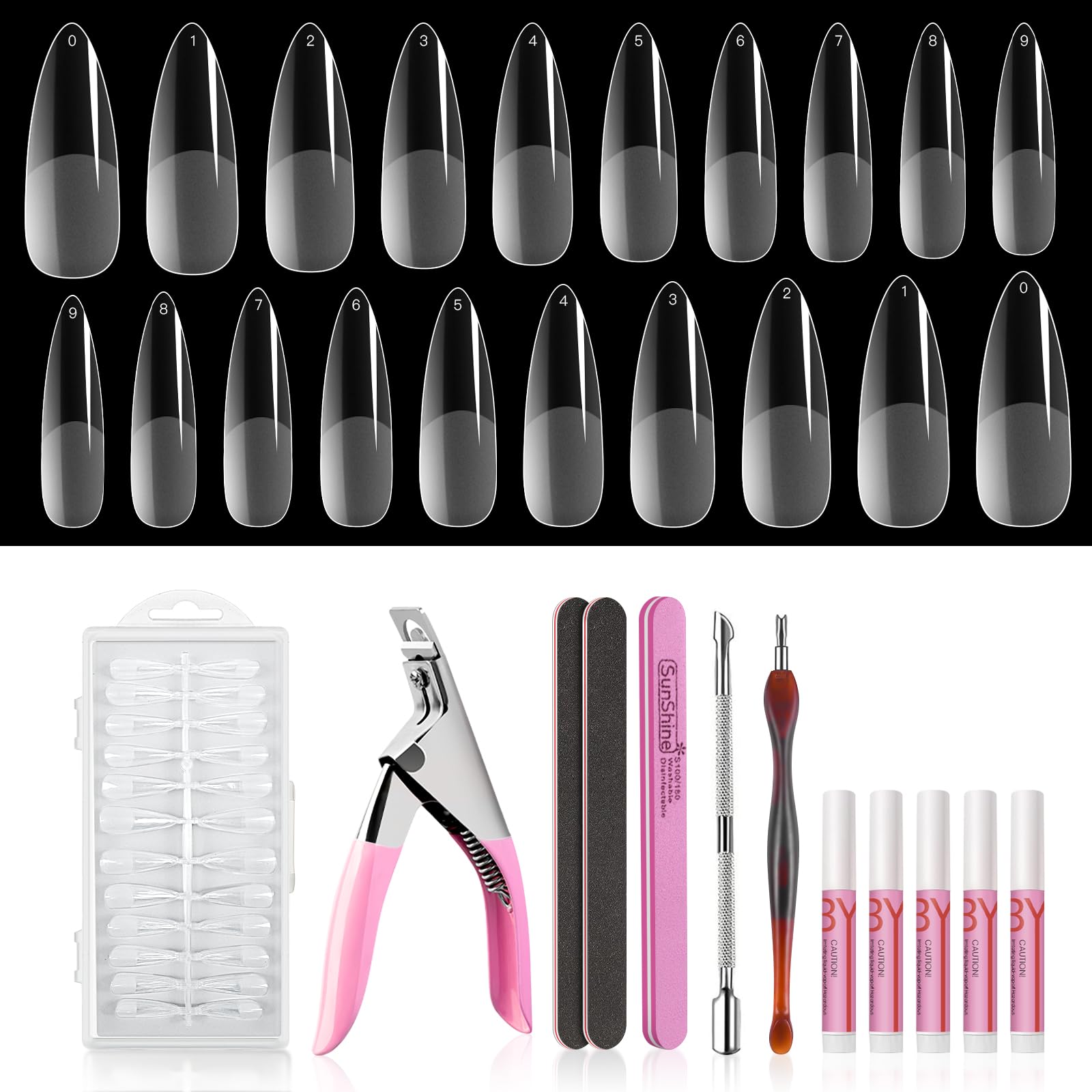Gel Nail Tips Kit, Doladaes Long Almond Nail Tips, 240 Pcs Half Matte Gel Fake Nail, 10 Size Nail Extension Tips Set ?False Nails Tips with Glue,Clipper,Files, Cuticle Pusher and Fork