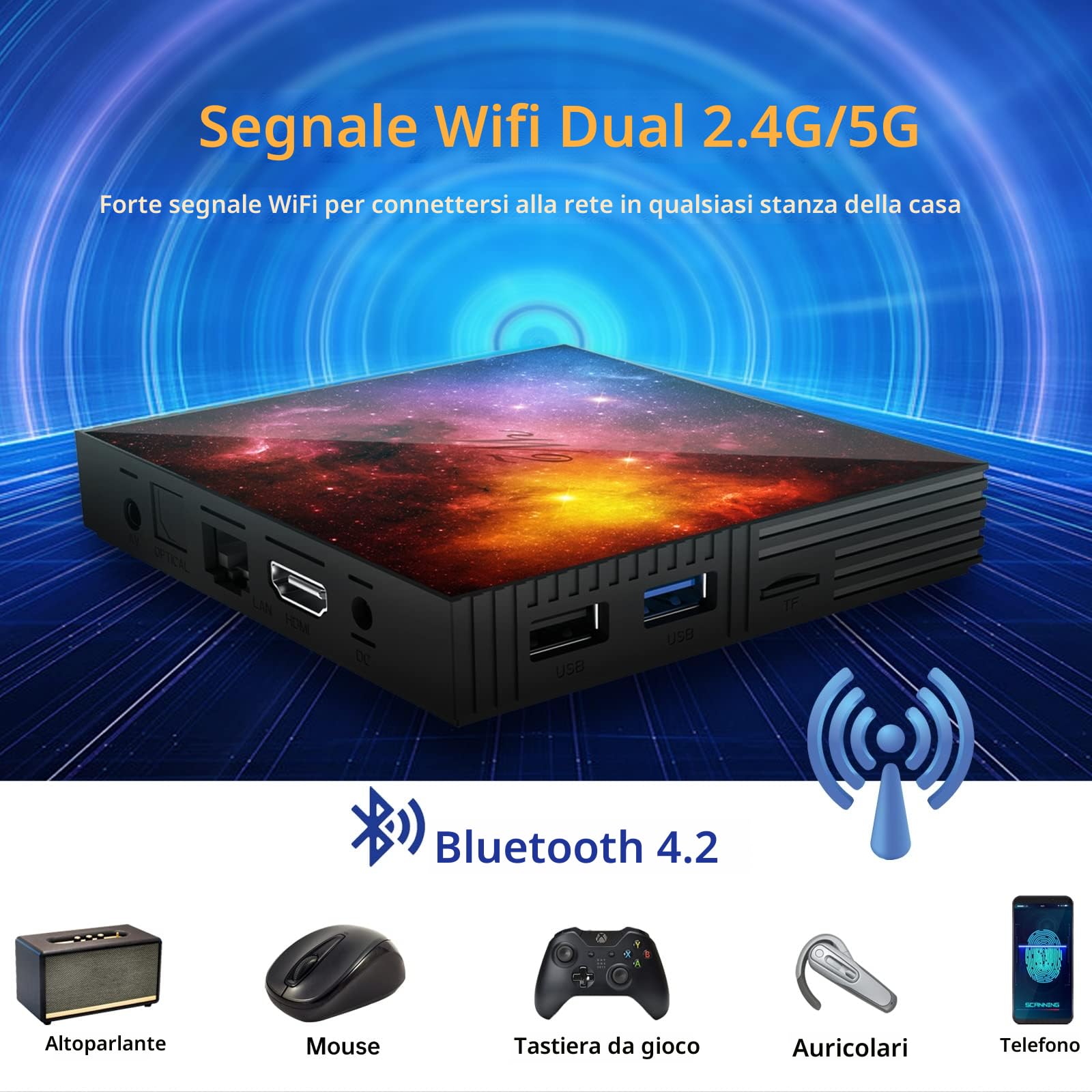 4K UHD TV Box Android 4GB RAM 64GB ROM, custodia TV supporto Wi-Fi 2.4G/5G, Bluetooth, HDMI, USB, mini tastiera senza fili inclusa