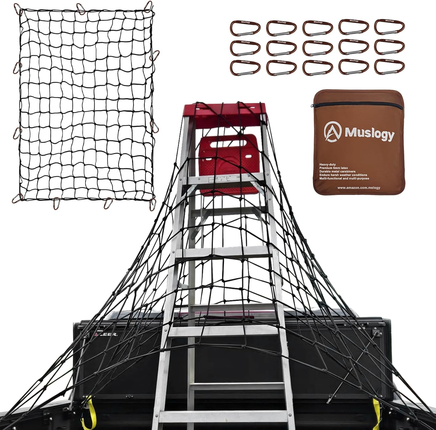Muslogy Truck Bed Cargo Net Trunk Netting Compatible with Pickup Bed Stretchable 4'x6' to 8'x12' Accessories, Pickup Cargo Organizer SUV Sedan Storage Net w/Heavy Duty Carabiners