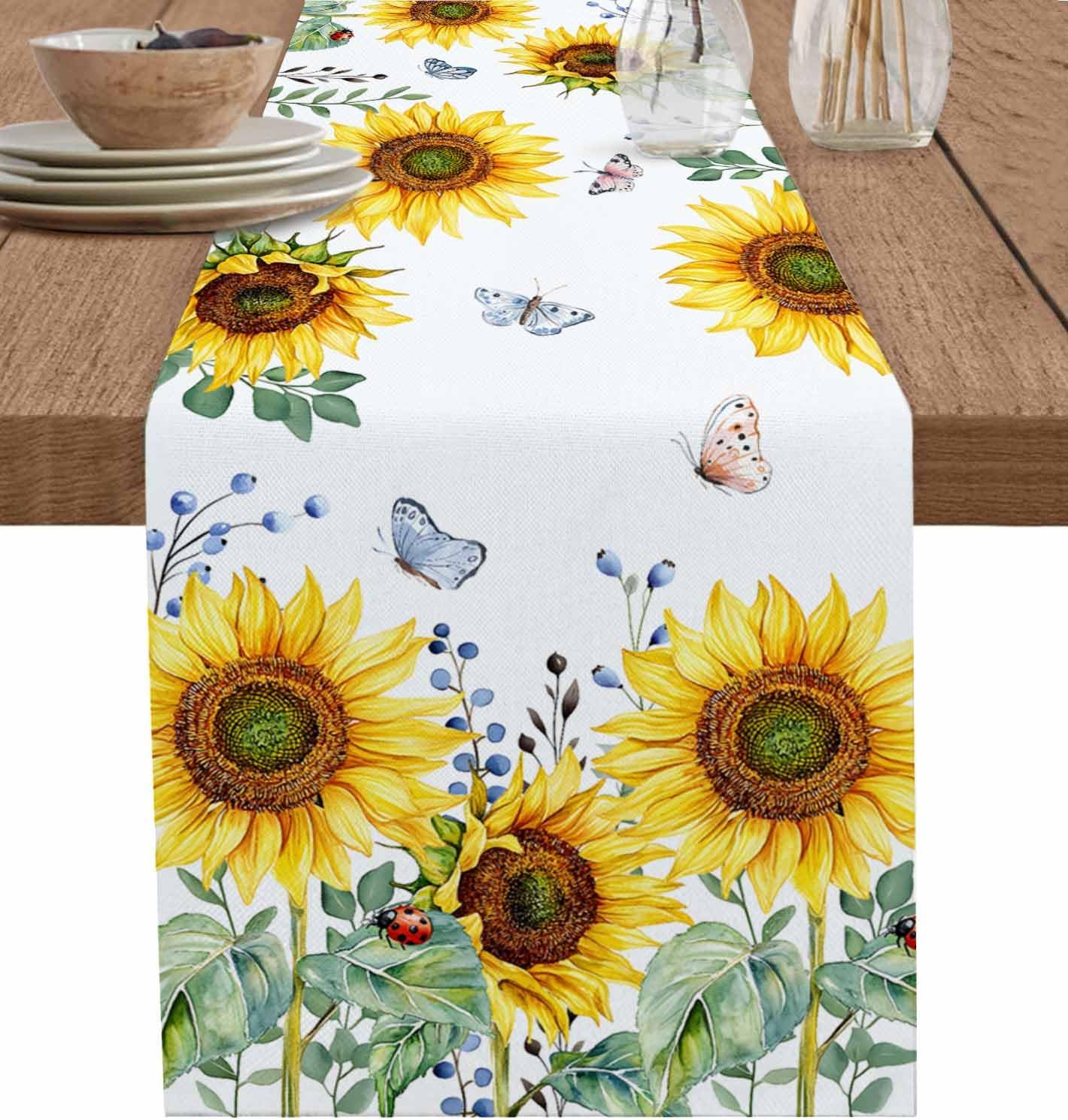 Sunflower Table Runner 16x72 inch, Farmhouse Sunflower Butterfly Plant Dinning Table Runner for Farmhouse Wedding Party Barbecue Table Decor