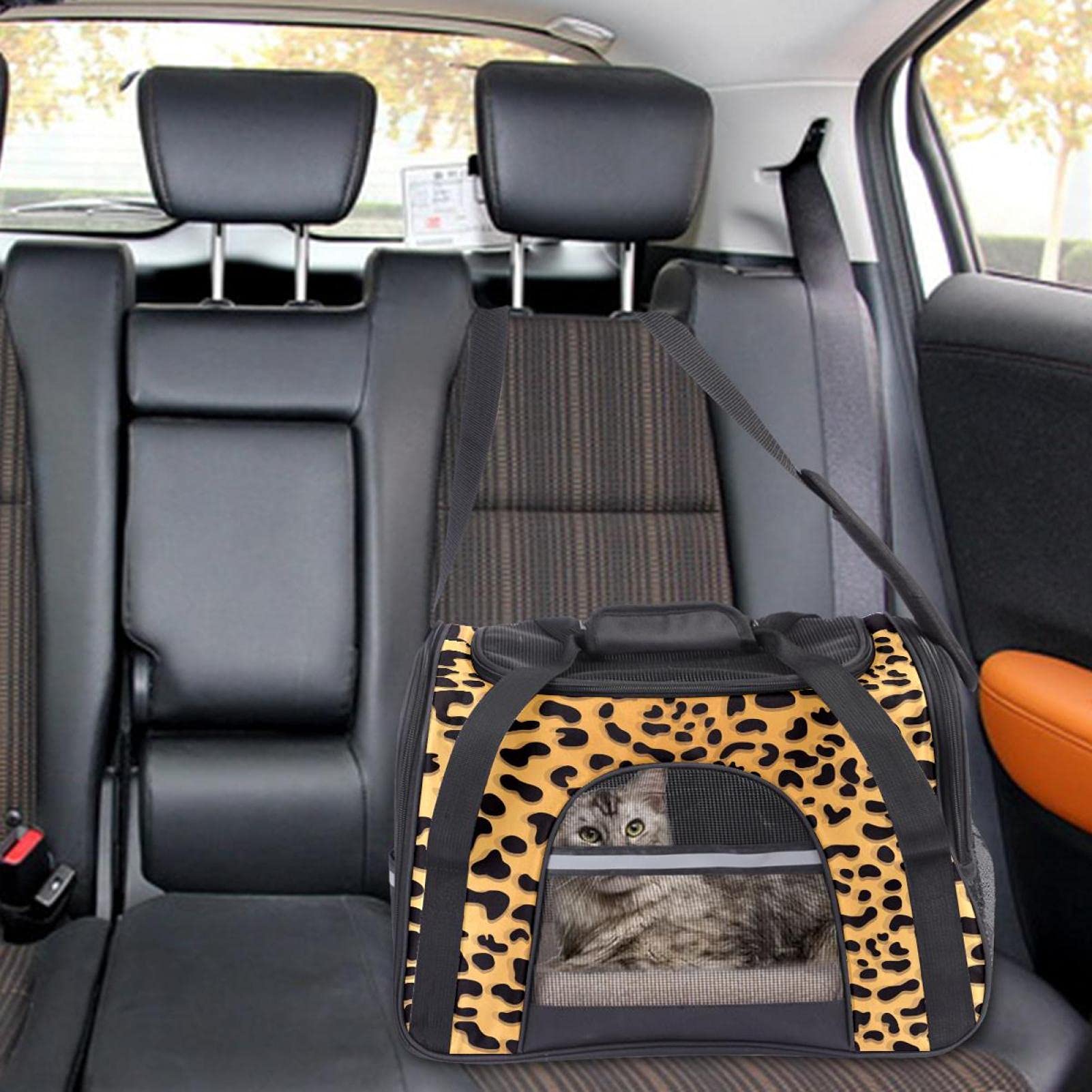 Transportín Perro Gato Estampado de Leopardo Bolsa de Transporte Plegable para Mascotas Transpirable Portador de Viaje para Perro y Gato 43x26x30 cm