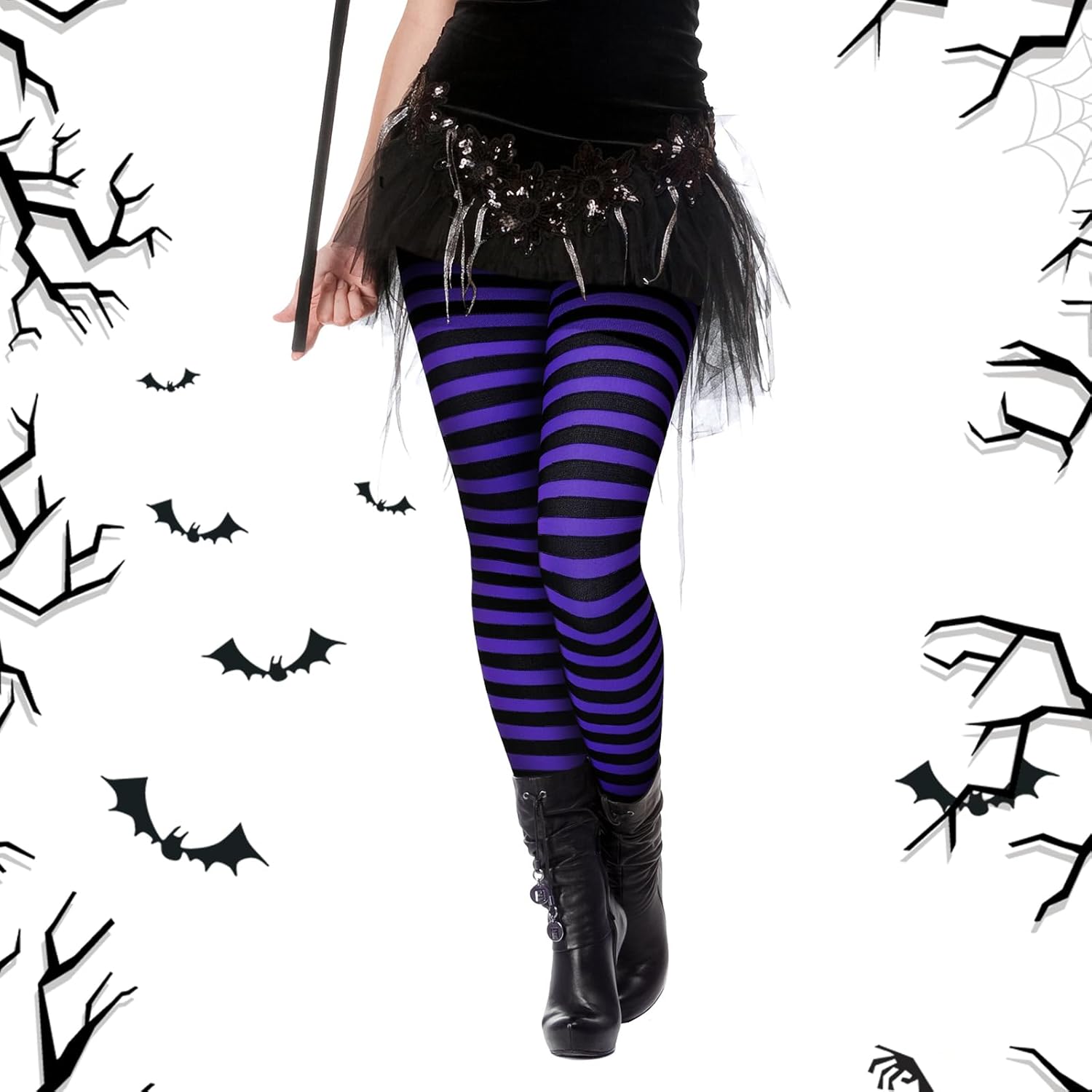 SATINIOR 2 Pairs Halloween Striped Tights for Women Orange Purple Black Striped Footed Stretchy Pantyhose Leggings for Halloween Witch Pumpkin Vampire Costume Dress up - Image 2