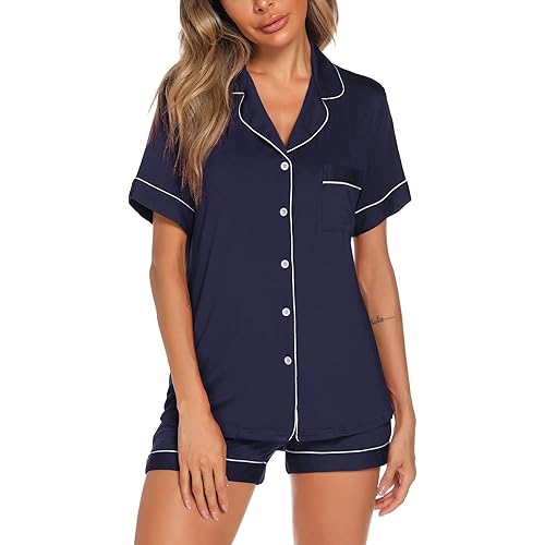 Aamikast Button Up Pajama Set for Women Shorts Short Sleeve Knit Sleepwear 2 Pice Pjs Sets
