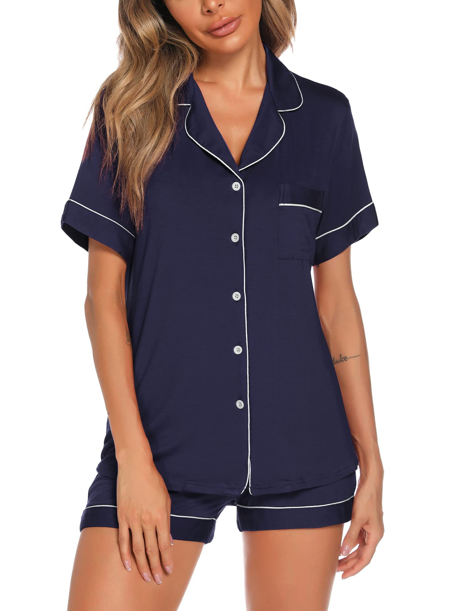 AamikastButton Up Pajama Set for Women Shorts Short Sleeve Knit Sleepwear 2 Pice Pjs Sets