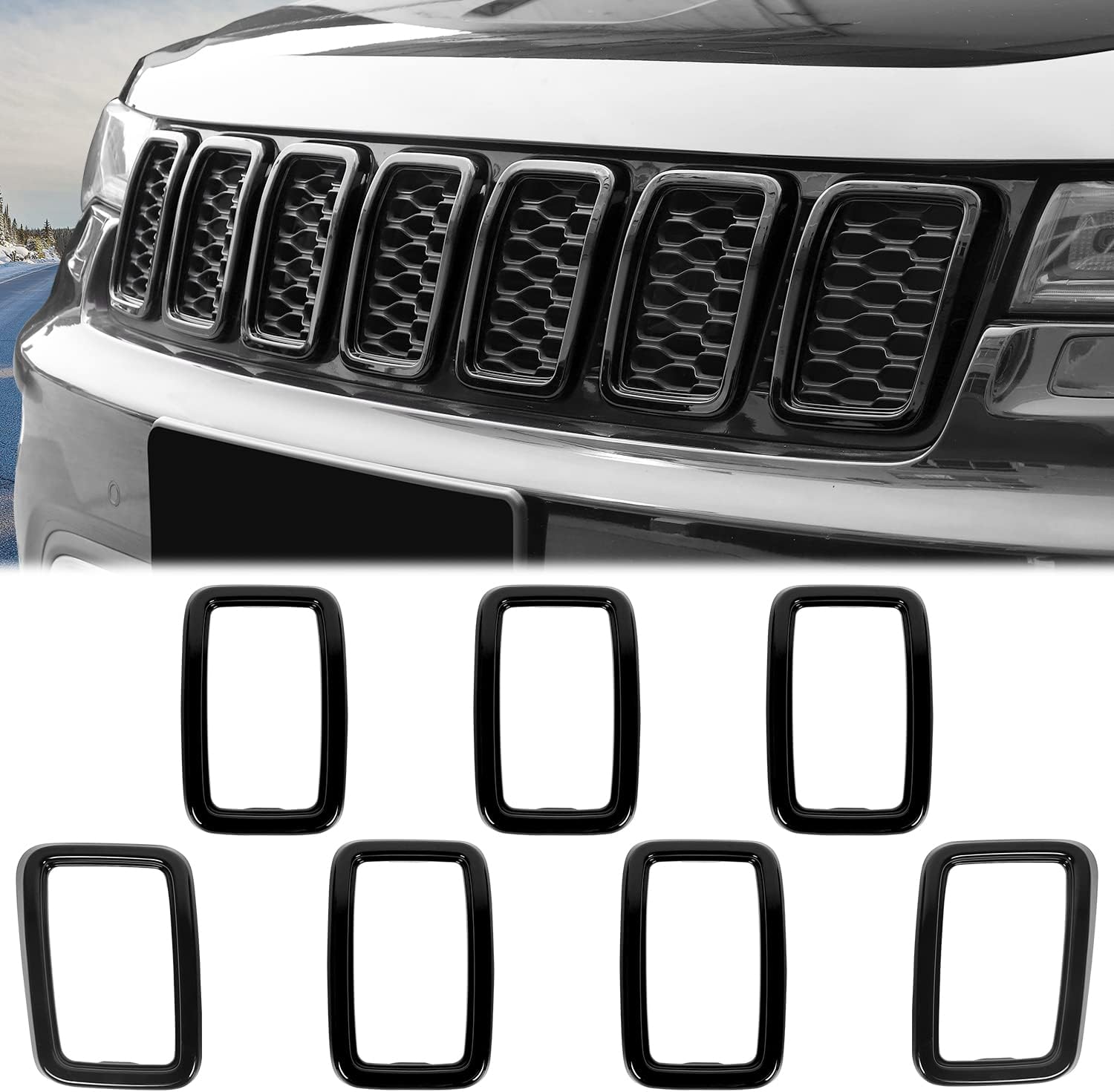 JeCar Front Grill Rings Grille Inserts Cover Trim Kit for 2017-2020 Jeep Grand Cherokee, Black (7Pcs)