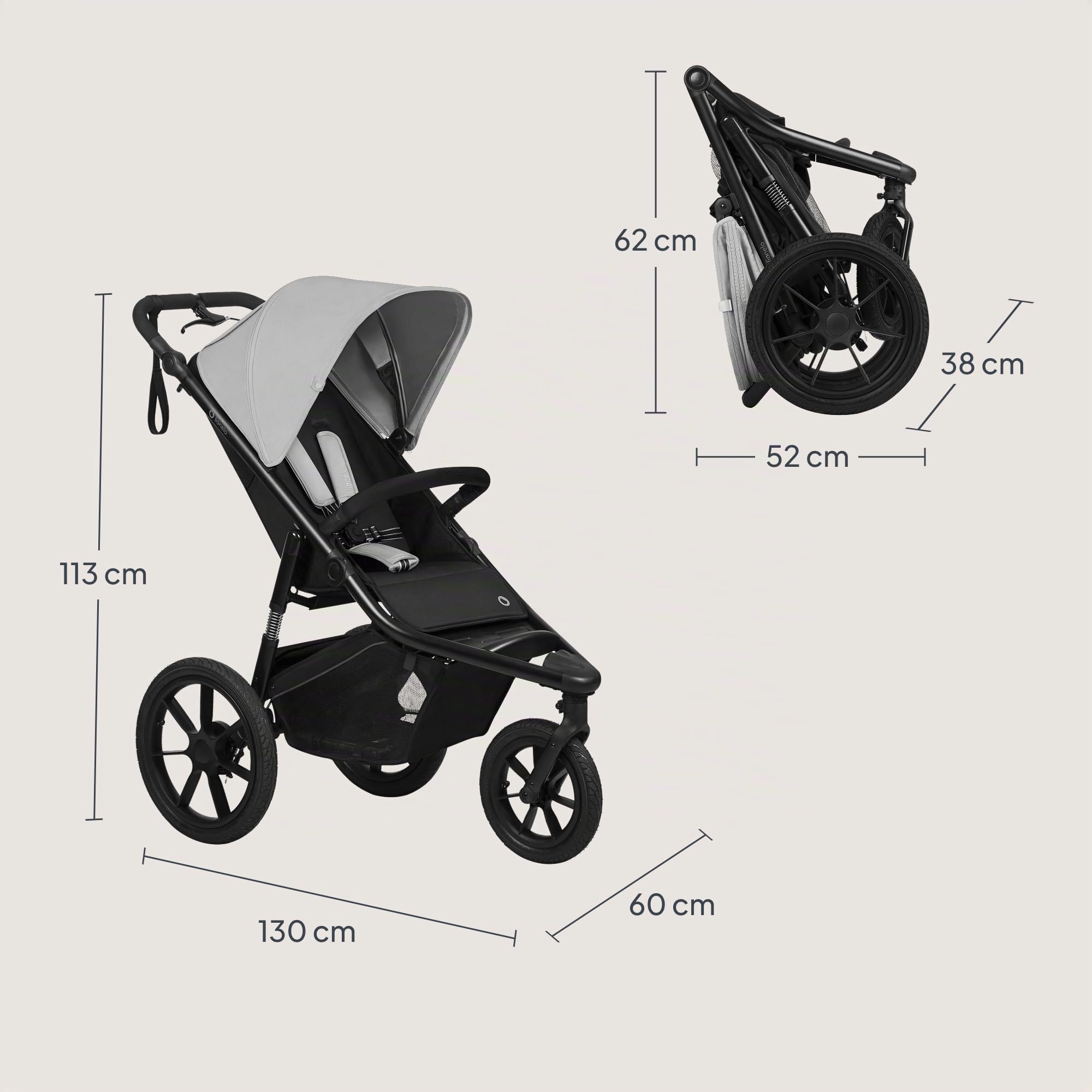 LIONELO AZURA Poussette Bébé de jogging de 6 mois à 22 kg Poussette 3 Roues de jogging Dossier Réglable pour Position Allongée Grandes Roues Gonflables Amortissement Complet Auvent XXL (Grey)