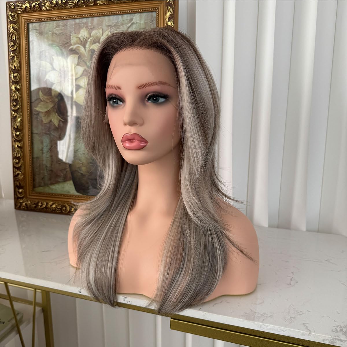 Lovestory 13x6 Lace Front Synthetic Wig for Women, 16 Inch Brown Ombre Highlights Hair Wig, Natural Look, Heat Resistant, Easy to Wear
