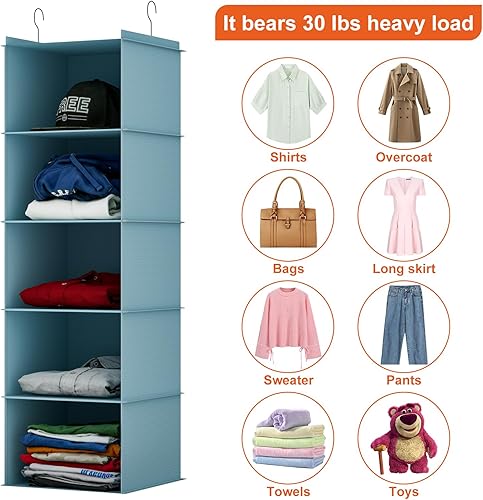 Miniatura 8 de Likorlove Organizador colgante de armario de 5 niveles, estantes colgantes plegables con 2 ganchos resistentes para almacenamiento, para armario,