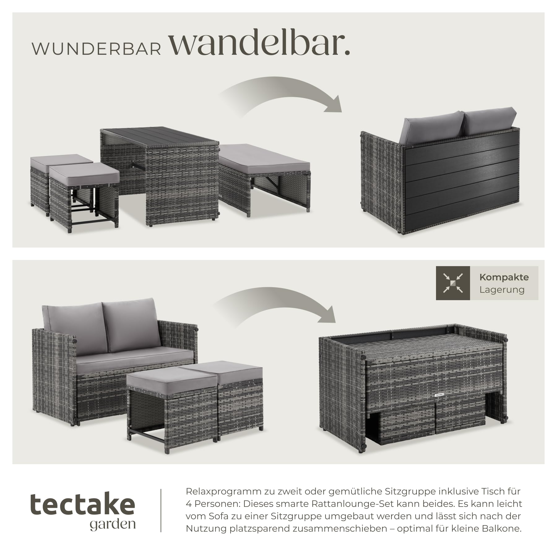 tectake® 2in1 Rattanlounge für 4 Personen, Set mit Tisch mit Schraubfüßen, Tischoberfläche in Holzoptik, Polyrattan Gartenmöbel, als Gartensofa oder Sitzgruppe, Terrassenmöbel, Outdoor Lounge – grau