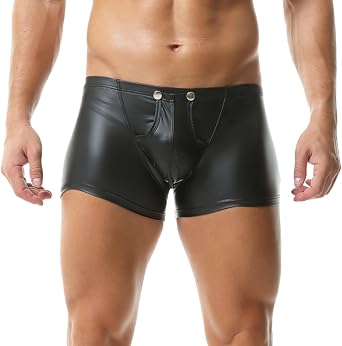 Mens PU Leather Shorts Flat Front Boxer Short Pants Straight Leg Hot Shorts with Pocket & Zipper for Men Casual