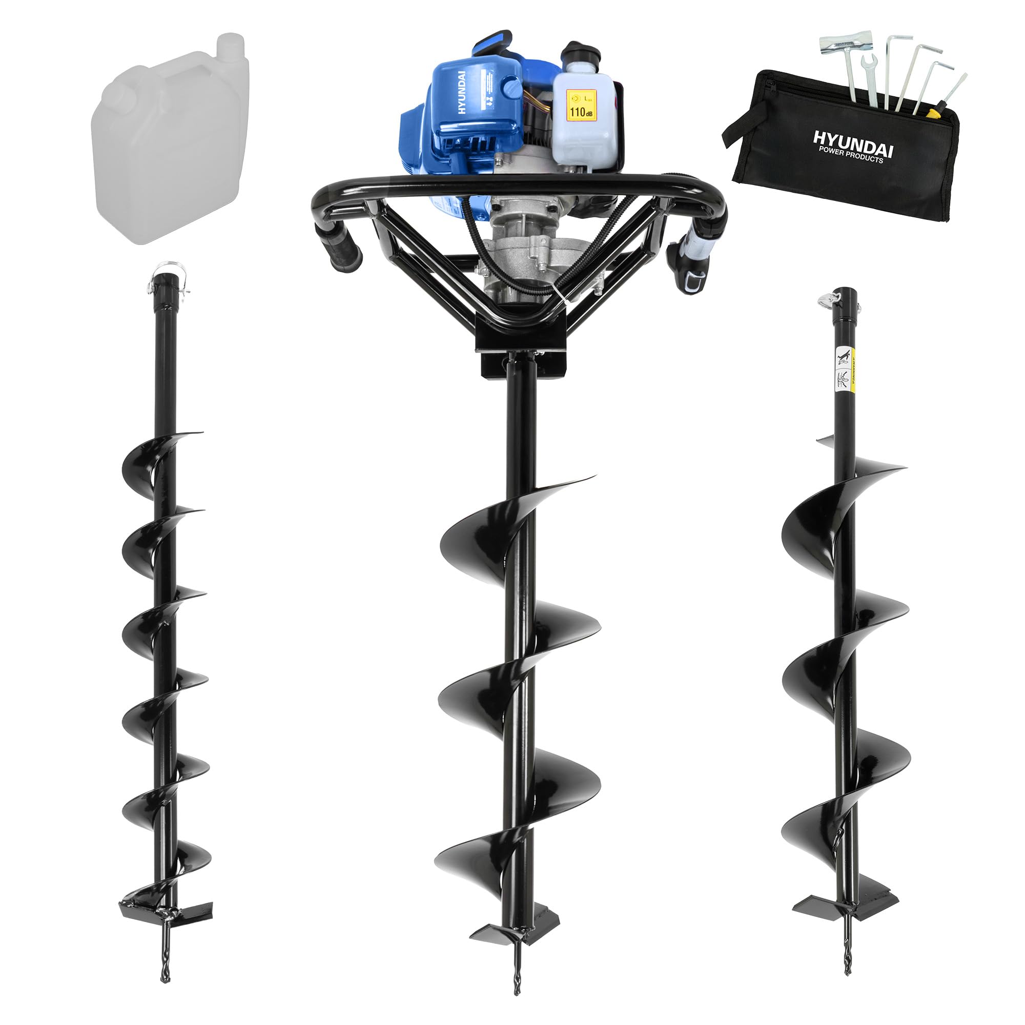Hyundai Erdbohrer für Erdbohrer, 56 cc, Erdbohrer mit 100 mm, 150 mm und 200 mm Bohrern, Anti-Vibrationsgriff, robuste Bodenbohrmaschine