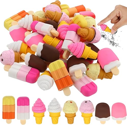 PerKoop 50 borradores de helado para niños, divertidos borradores de comida de postre, lindos recuerdos de fiesta de helados para niños, recompensas