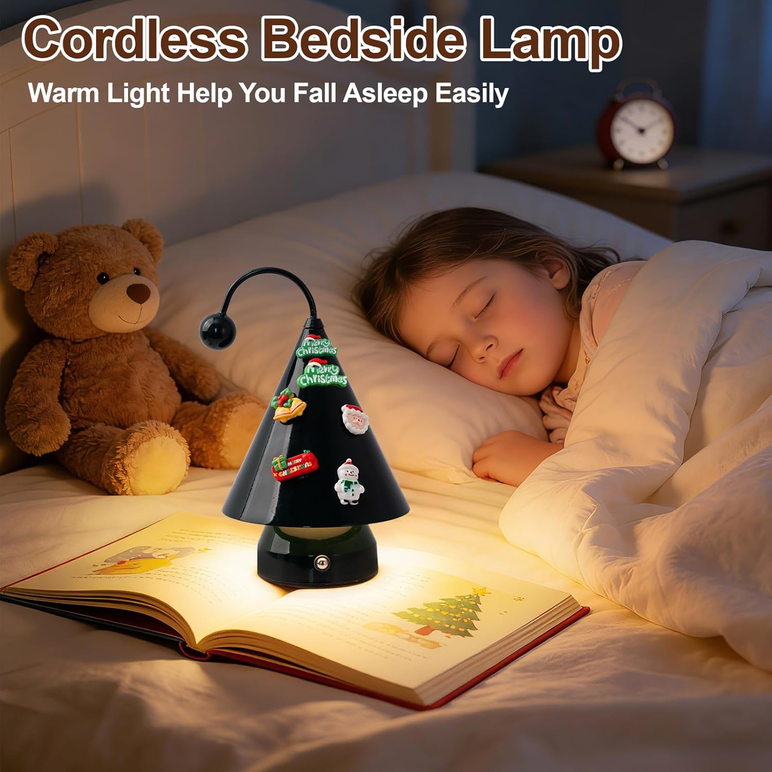 Led Lights Cozy Home Decor Cute Christmas Tree Desk Lamp Ambient Lighting,Touch Control, Cordless Rechargeable Battery Operated,for Living Room,Bedroom,Nightstand (Black)
