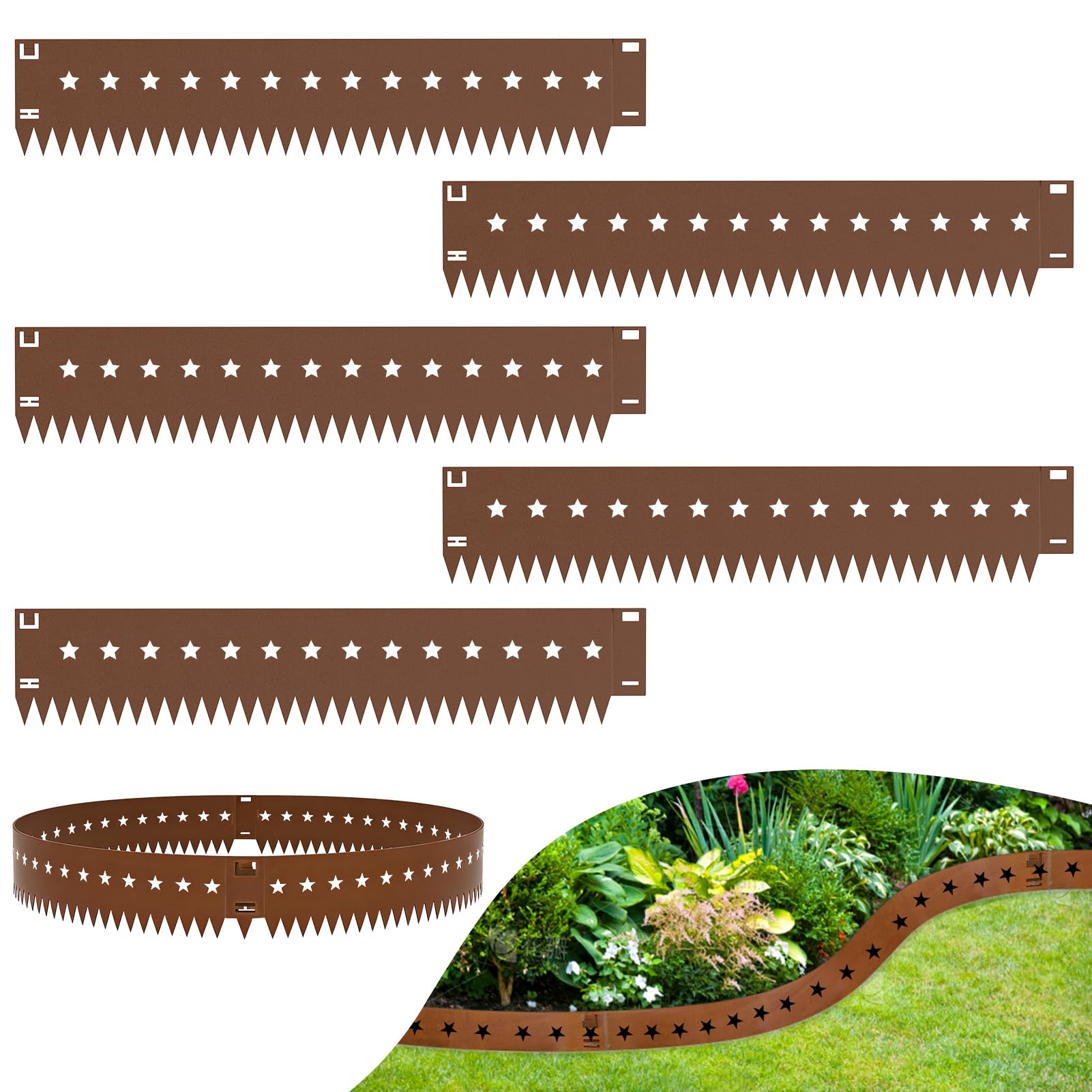 wowspeed Lawn Garden Edging Border 5PCS, Star Pattern Total 5.37m Metal Lawn Edging, 20cm Face Height Flexible Decorative Steel Edgings, Garden Landscape Pathway Borders Strip, Single Size:107.5*20cm
