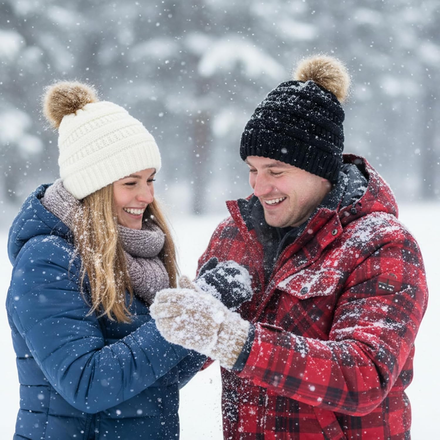Knitted Beanie Hat with Faux Fur Pom Couple Winter Warm Skull Cap Knit Beanie Soft Ski Cap for Women Men - Image 5