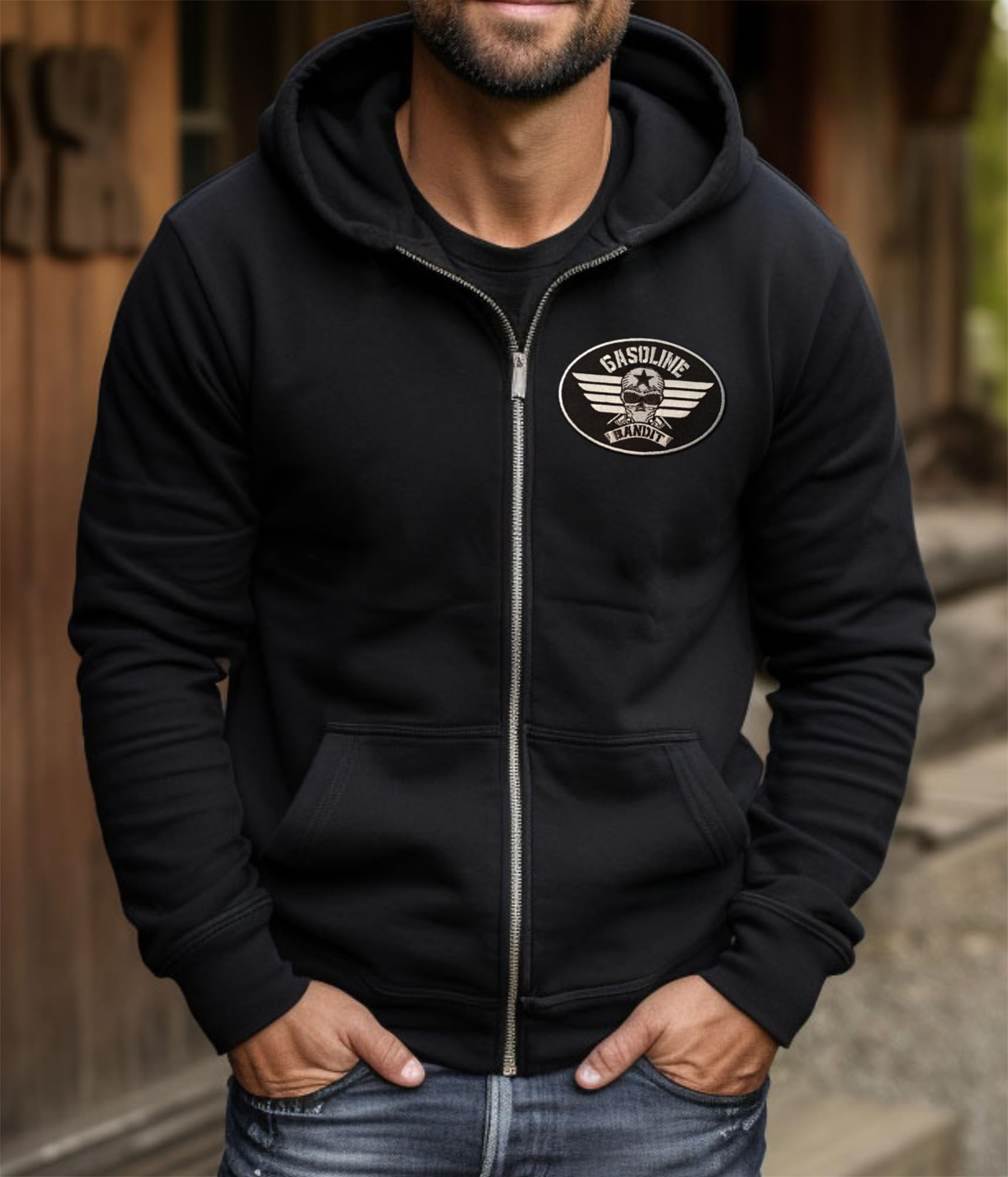 Gasoline Bandit Rockabilly Biker Racer Kapuzen-Jacke Zip-Hoodie für Motorradfahrer
