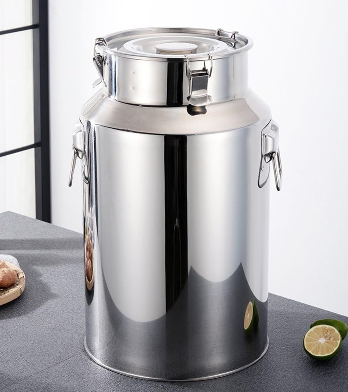 Lechera de acero inoxidable, tanque de transporte, contenedor de almacenamiento de alimentos con tapa para leche, agua, harina, aceite, mini barril y más