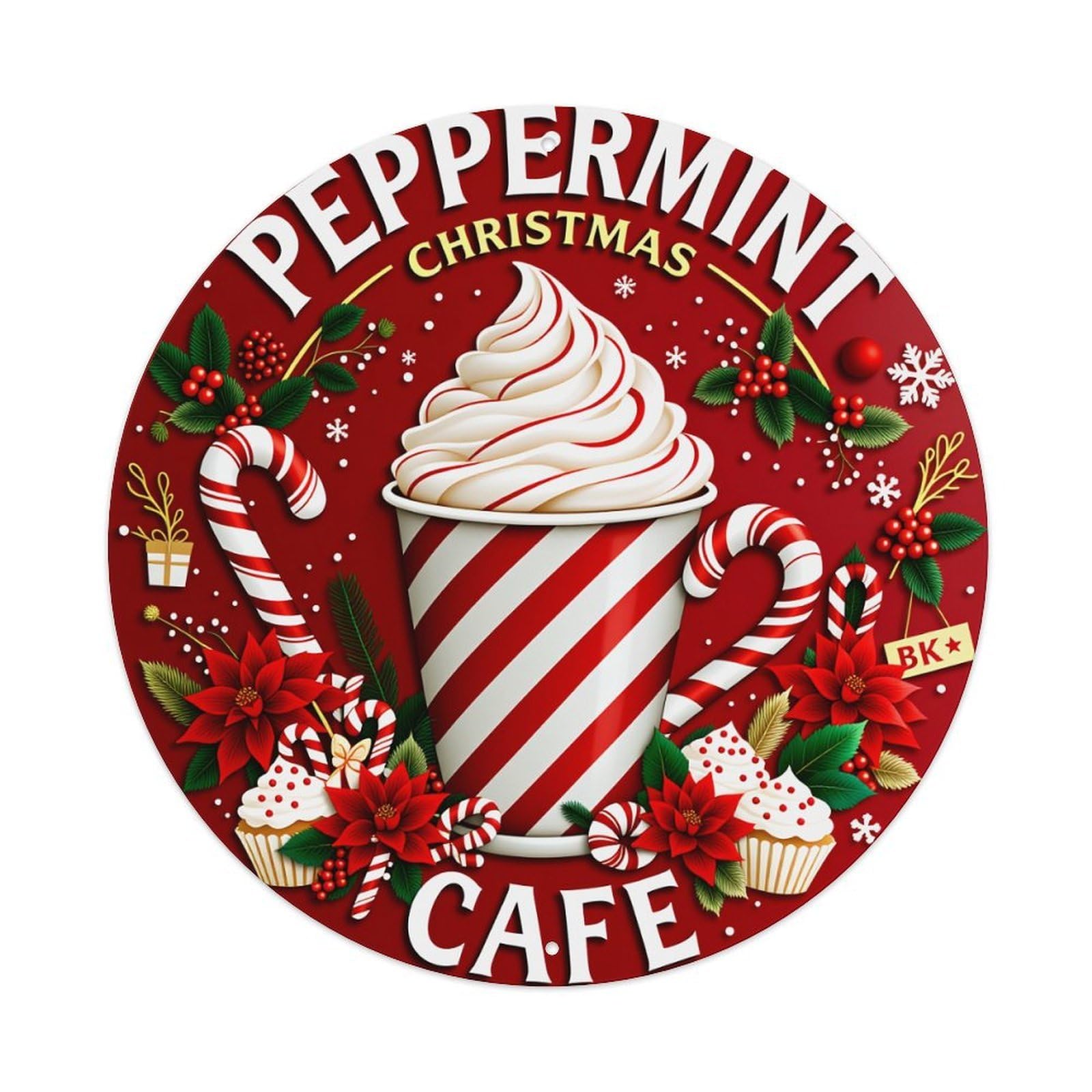 Wmlzdnwr Vintage Peppermint Christmas Cafe Cup Pattern With Candy Canes And Flowers Round Tin Sign,Retro Wall Art,Metal Poster For Home, Bar, Garage, Cafe, Rustic Indoor & Outdoor Decor, 8X8 Inches