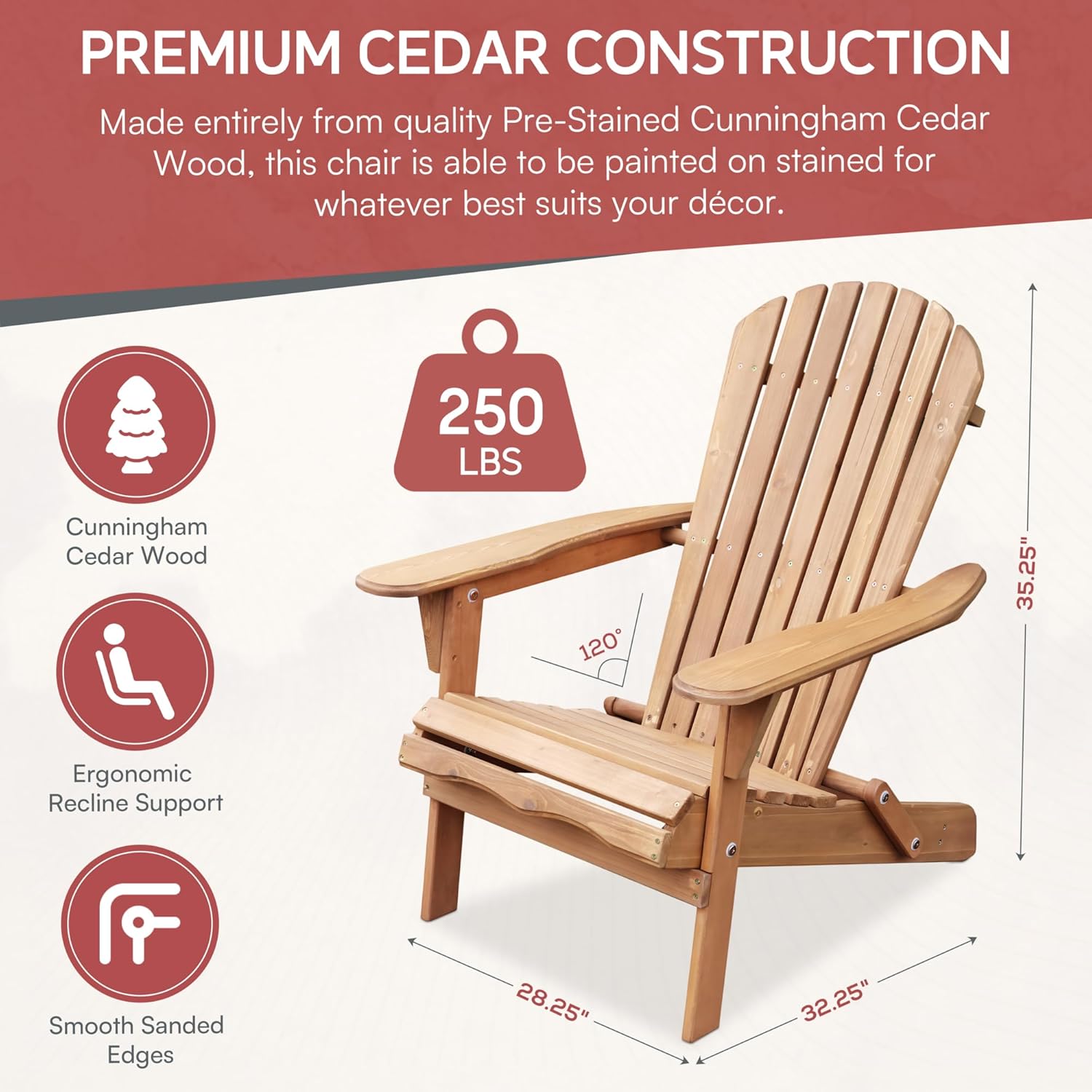 Merry Products Pre-Stained Folding Adirondack Chair — Cunninghamia Cedar, Ergonomic, Lightweight, Model# ADC1094120010
